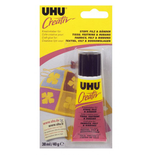 Creativ Klebstoff Textilien 38ml von UHU, ideal für Stoffe, Filz und Bänder, in gelber Verpackung.