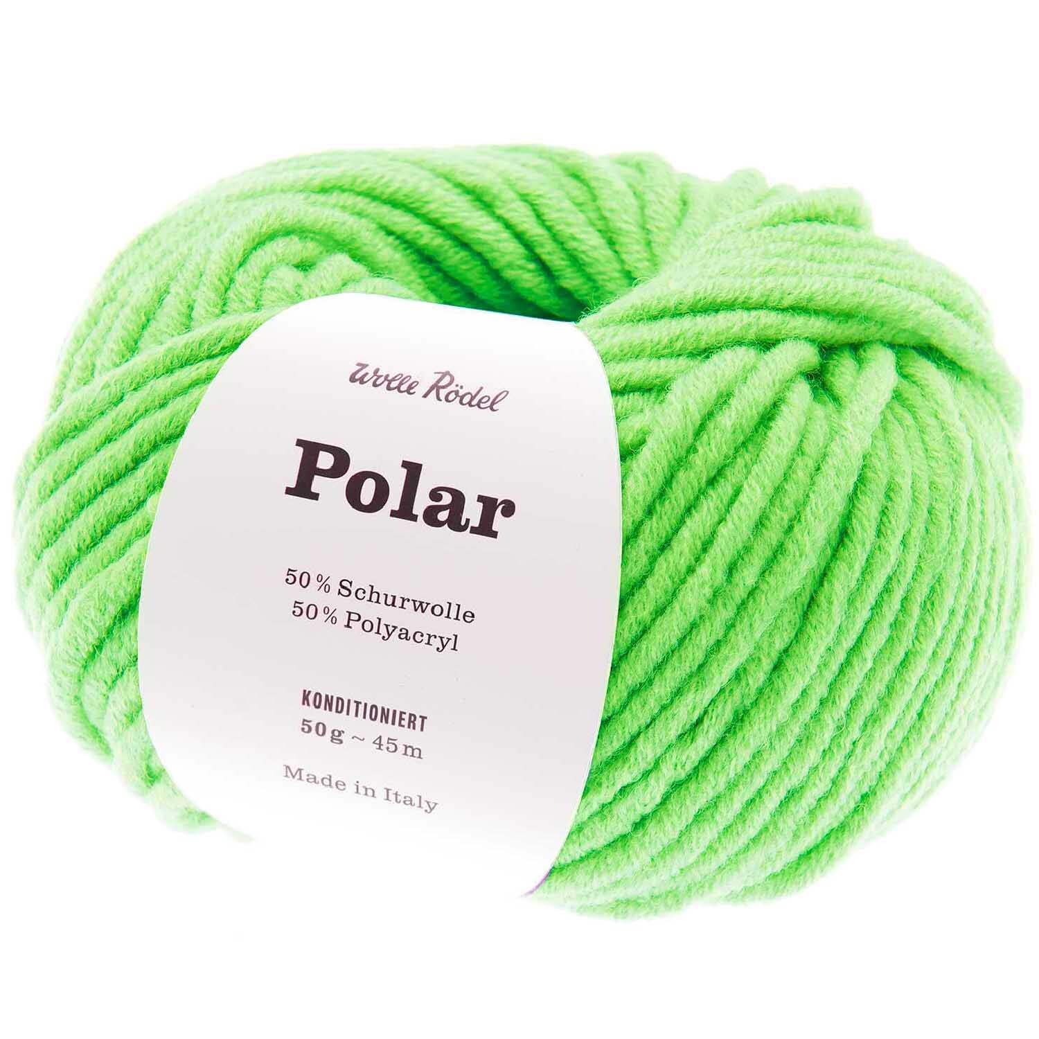 Strickset Mütze Modell 02: Leuchtend grünes Garnknäuel aus 50% Schurwolle und 50% Polyacryl.