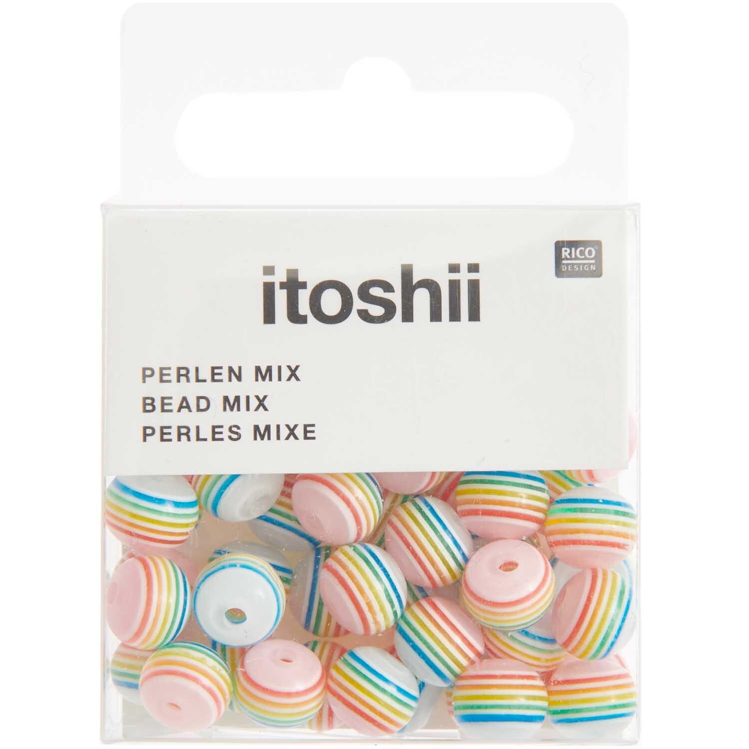 Itoshii Gestreifte Perlen Regenbogen 8mm, 48 Stück in einer transparenten Verpackung von Rico Design.