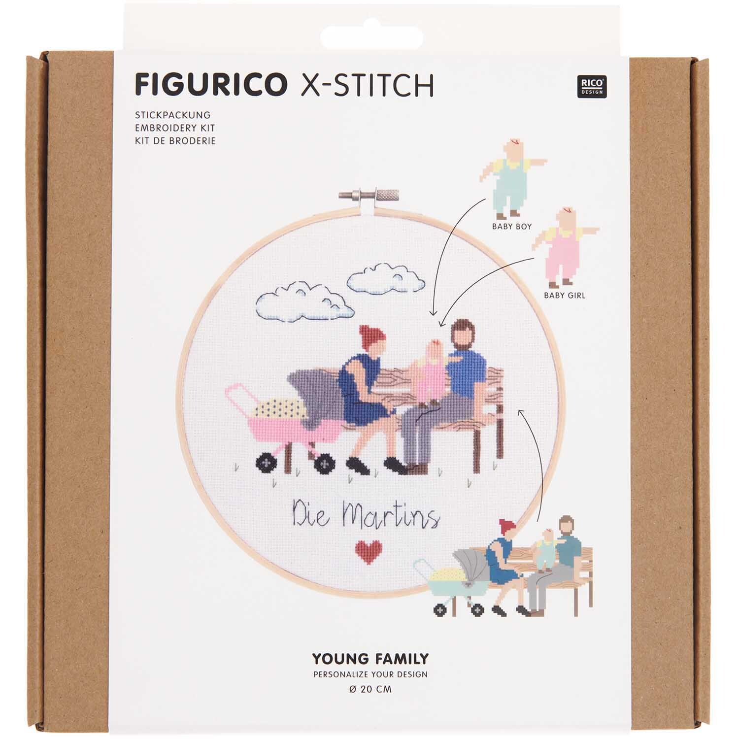 Figurico Stickpackung Young Family 20cm zeigt eine Familie beim Picknick, mit Babywagen und Wolkenmotiv. Ideal für kreative Stickprojekte.