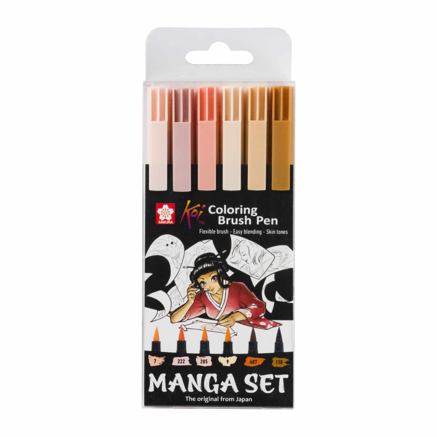 Coloring Brush Pens Manga 6-teilig: Set mit sechs Stiften in Hauttönen von Koi, ideal für Manga-Künstler.