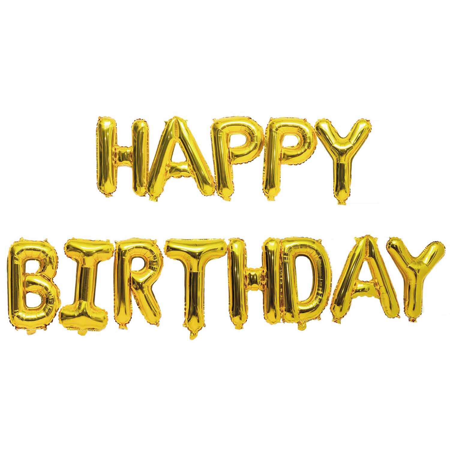 Folienballon-Set Happy Birthday gold, 13-teilig, von Rico Design. Goldene Buchstaben formen "Happy Birthday".