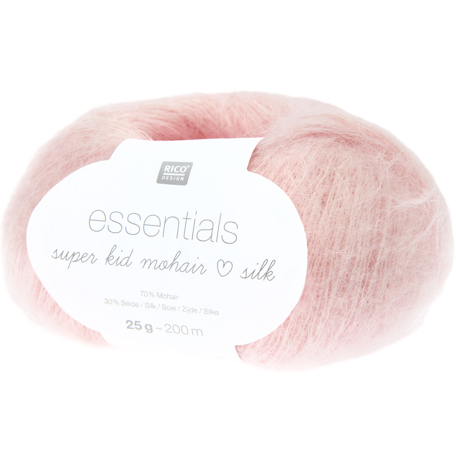 Rosa Rico Design Essentials Super Kid Mohair Loves Silk Strickset, 25g 200m, Vorderansicht der Verpackung.