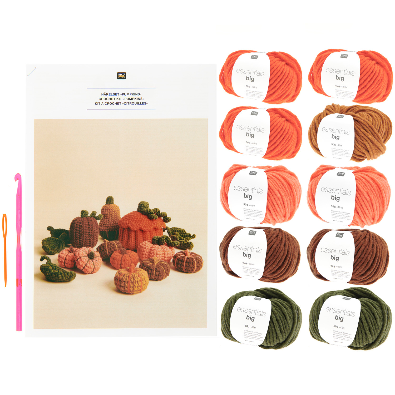 Häkelset Pumpkins: Komplettes Set mit buntem Garn und Zubehör von Rico Design für kreative Herbstdekorationen.