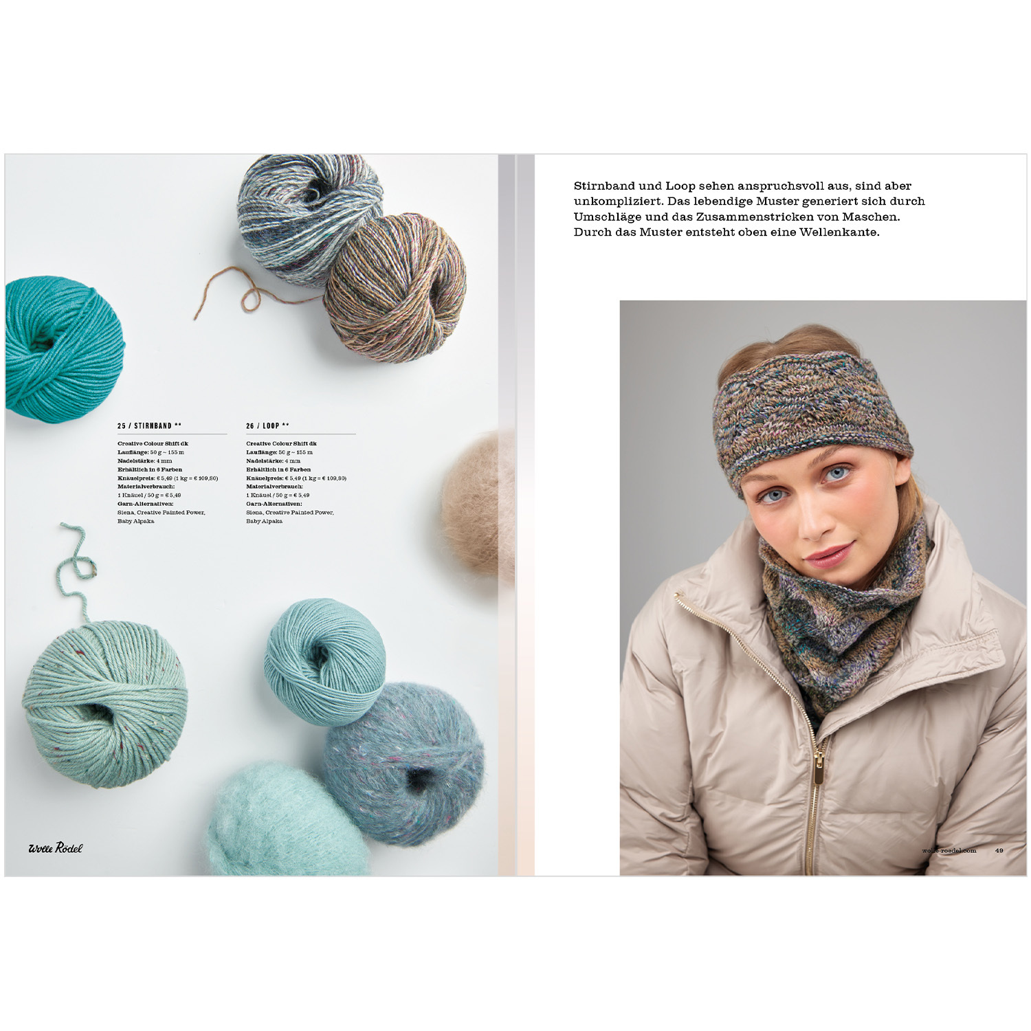 Die Neue Masche Nr. 08 Winter von Wolle Rödel: Frau trägt Stirnband und Loop aus bunter Wolle, daneben verschiedene Wollknäuel in Blau- und Grautönen.