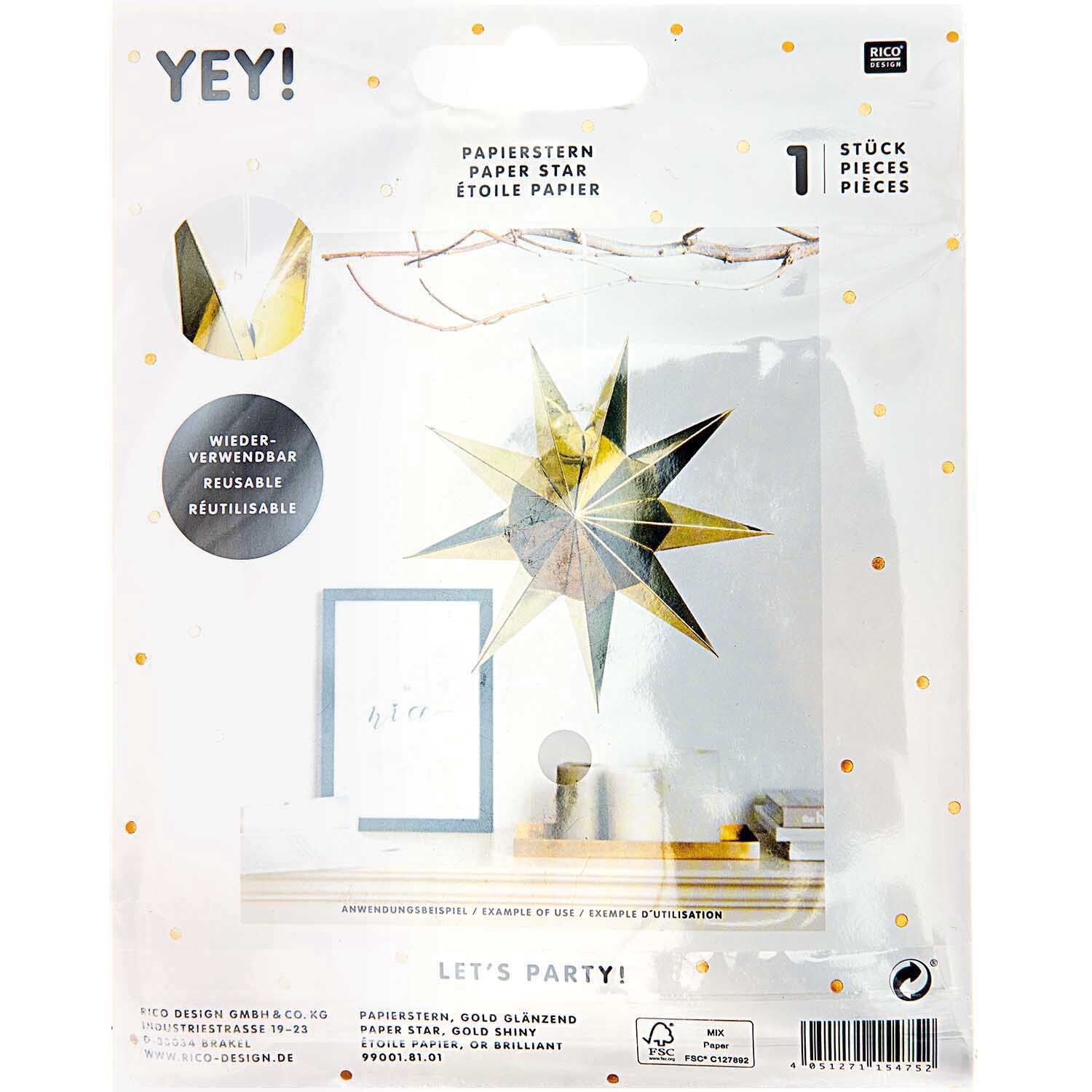 Papierstern auffaltbar 28cm von Rico Design, gold glänzend, dekorativ auf einem Tisch arrangiert. Ideal für festliche Anlässe.