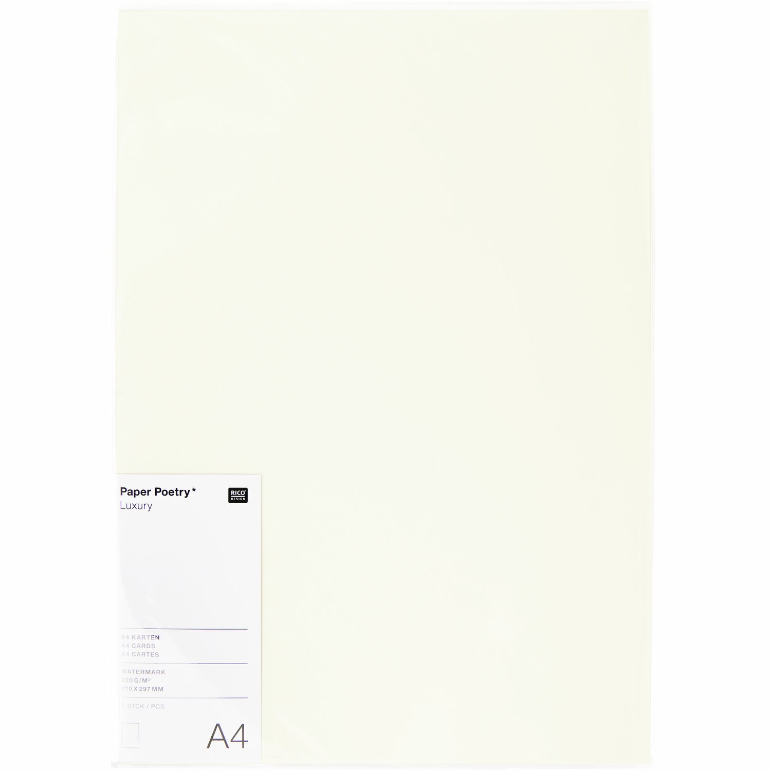 Paper Poetry Luxury Karten A4: Ein Set aus 5 elfenbeinfarbenen Karten von Rico Design, ideal für elegante Anlässe.