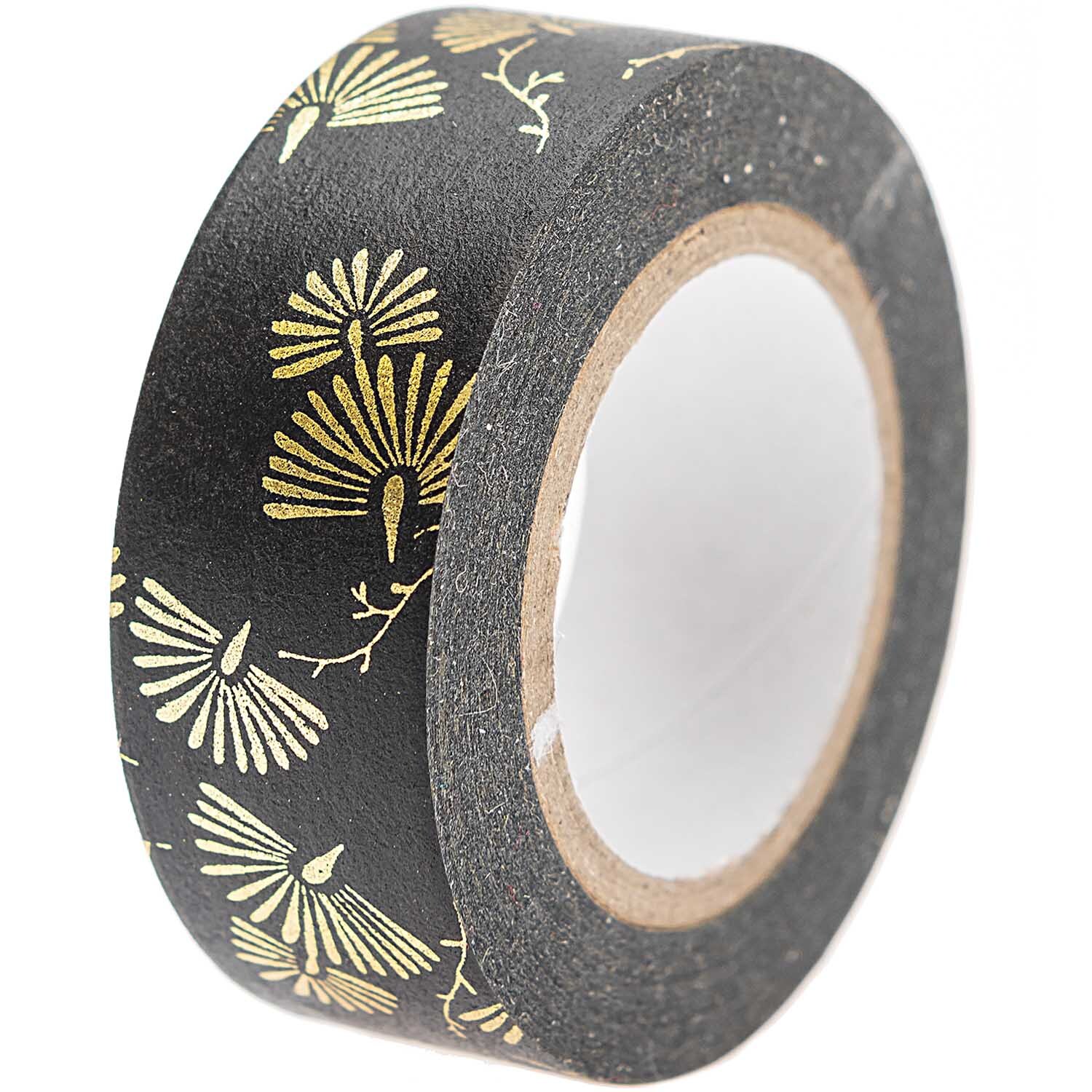 Paper Poetry Tape Jardin Japonais mit Farnblättern auf schwarzem Hintergrund, 1,5cm x 10m.