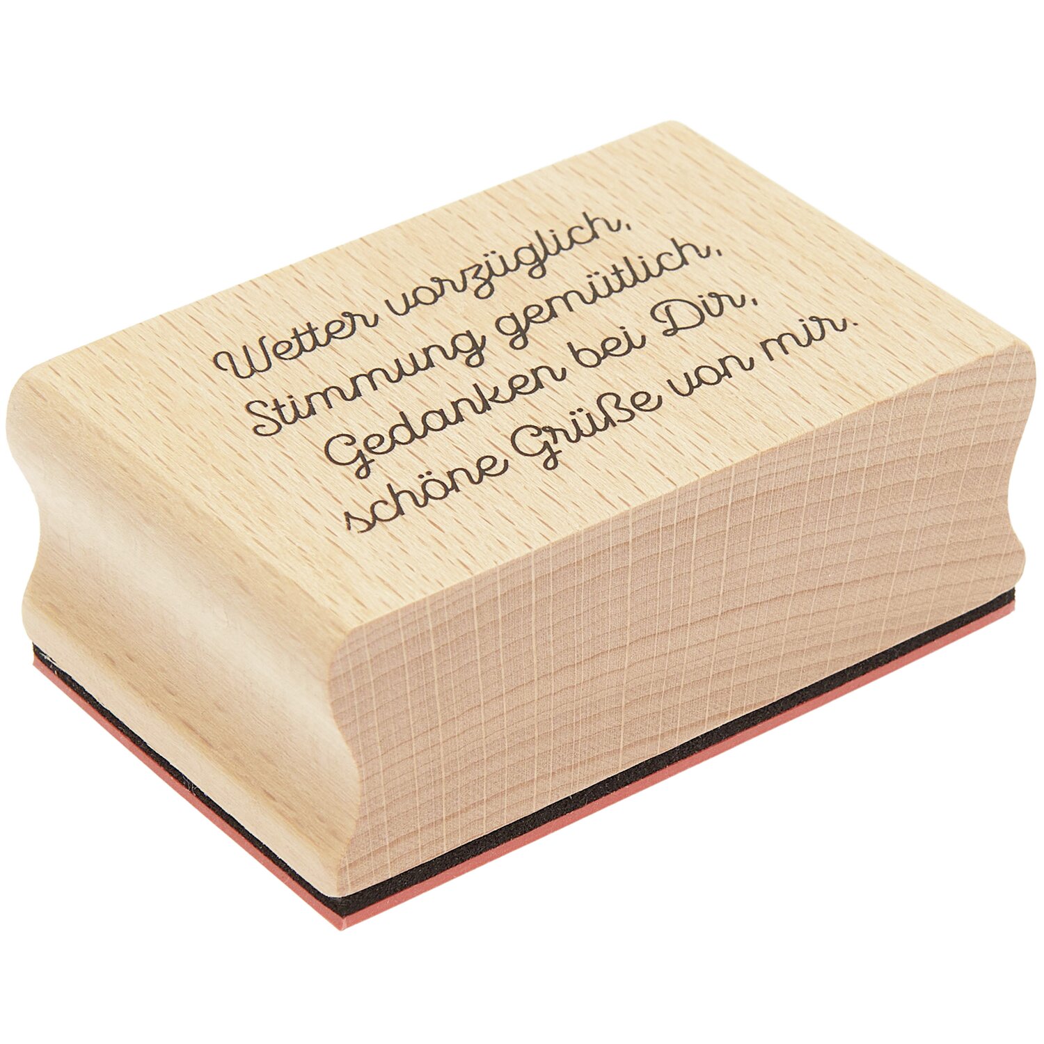 Paper Poetry Stempel mit Holzgriff, graviert mit dem Text "Wetter vorzüglich, Stimmung gemütlich". Größe: 70x45mm.