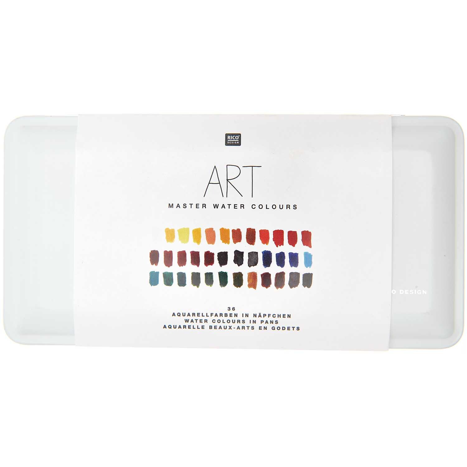 ART Master Aquarellfarben 36 Farben von Rico Design in einer weißen Verpackung mit Farbmuster. Ideal für kreative Projekte.