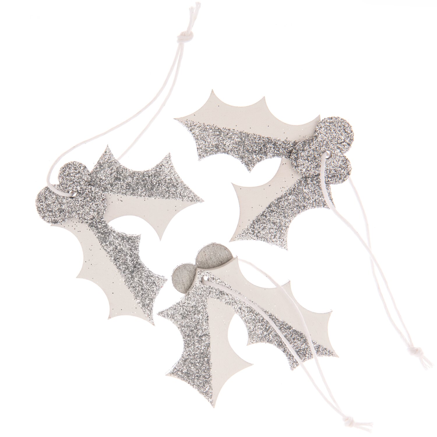 Holzhänger Ilex mit Glitter weiß 3 Stück: Dekorative Anhänger mit glitzerndem Design, ideal für festliche Dekorationen.
