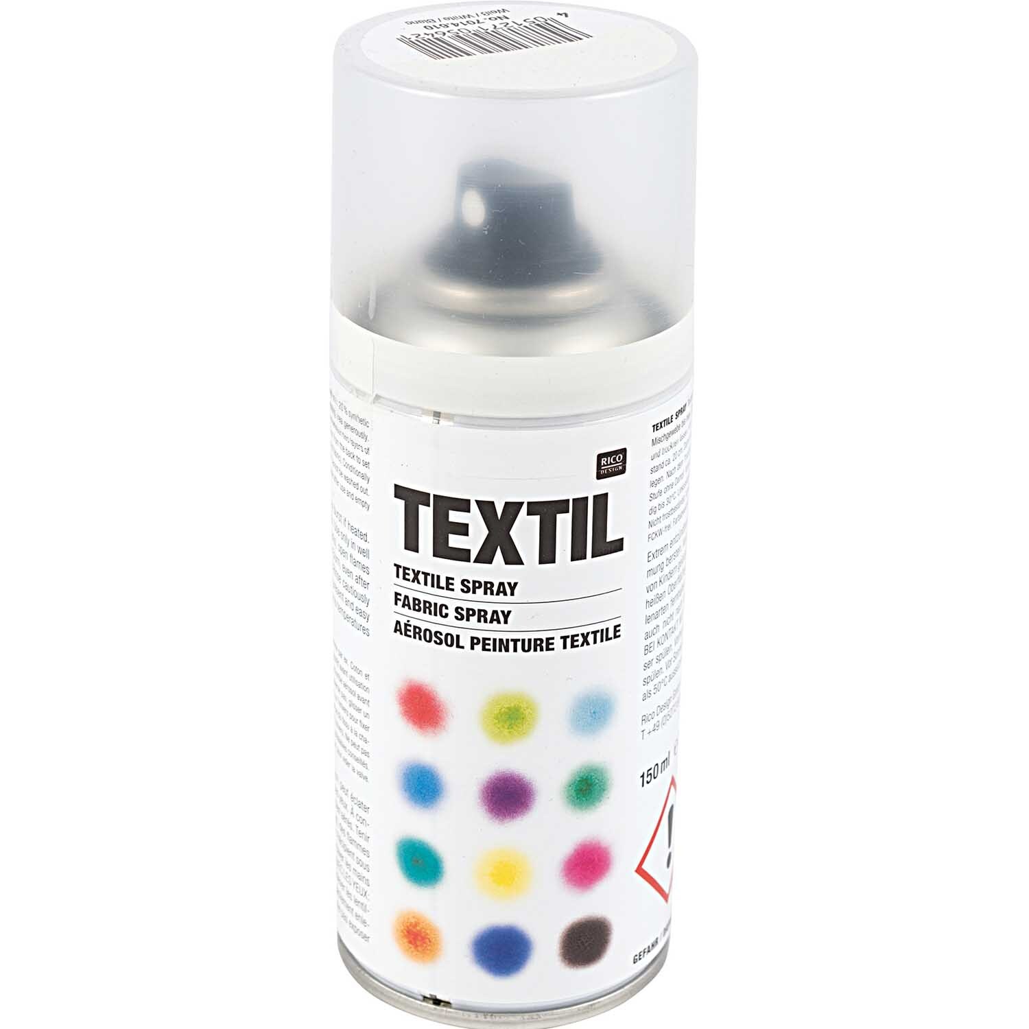 Textil Spray von Rico Design, 150ml Dose, zeigt bunte Farbmuster auf weißem Hintergrund.