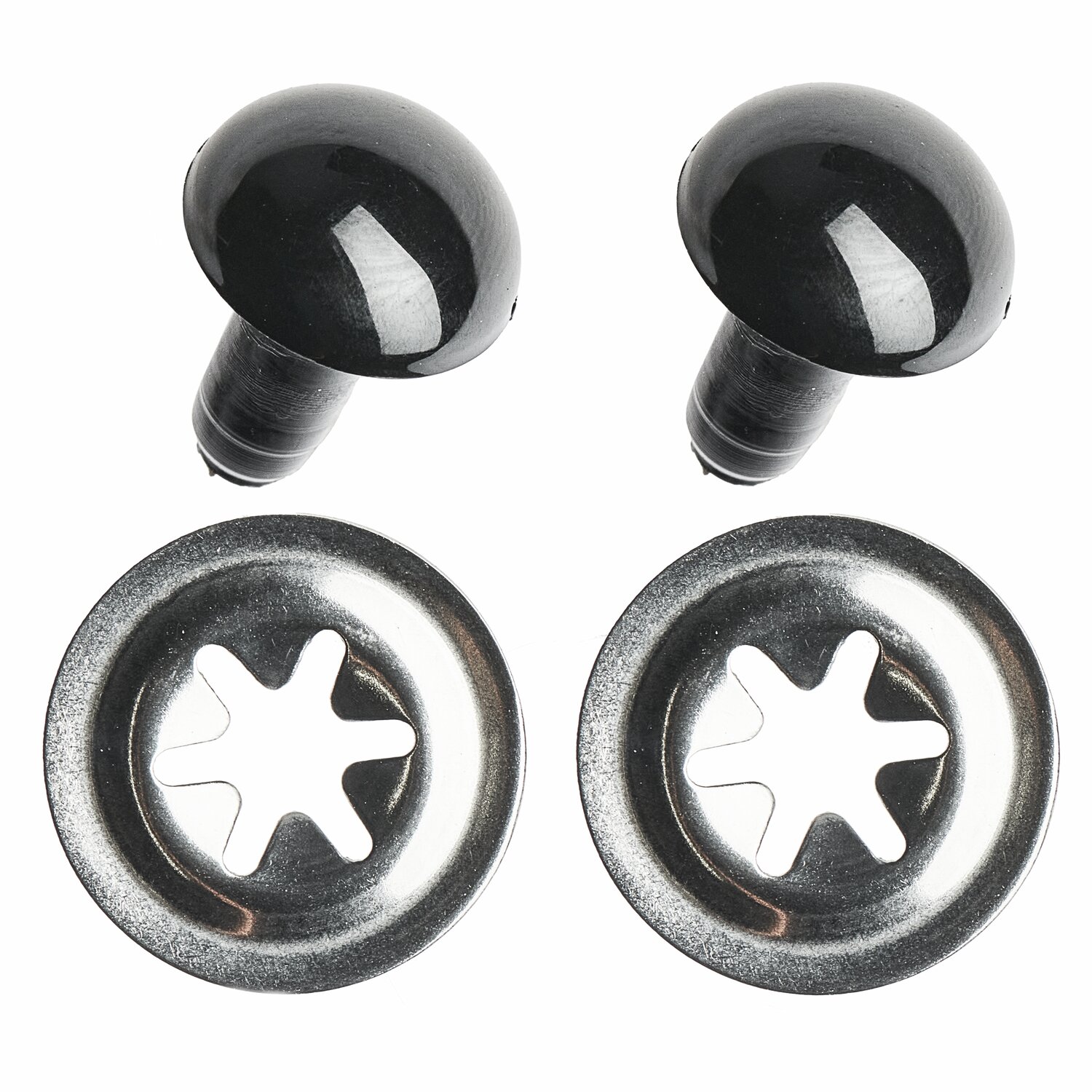 Sicherheitsaugen Schwarz, 2 Stück, von Rico Design. Runde, glänzende Augen mit Metallunterlegscheiben für sicheres Befestigen an Spielzeug.