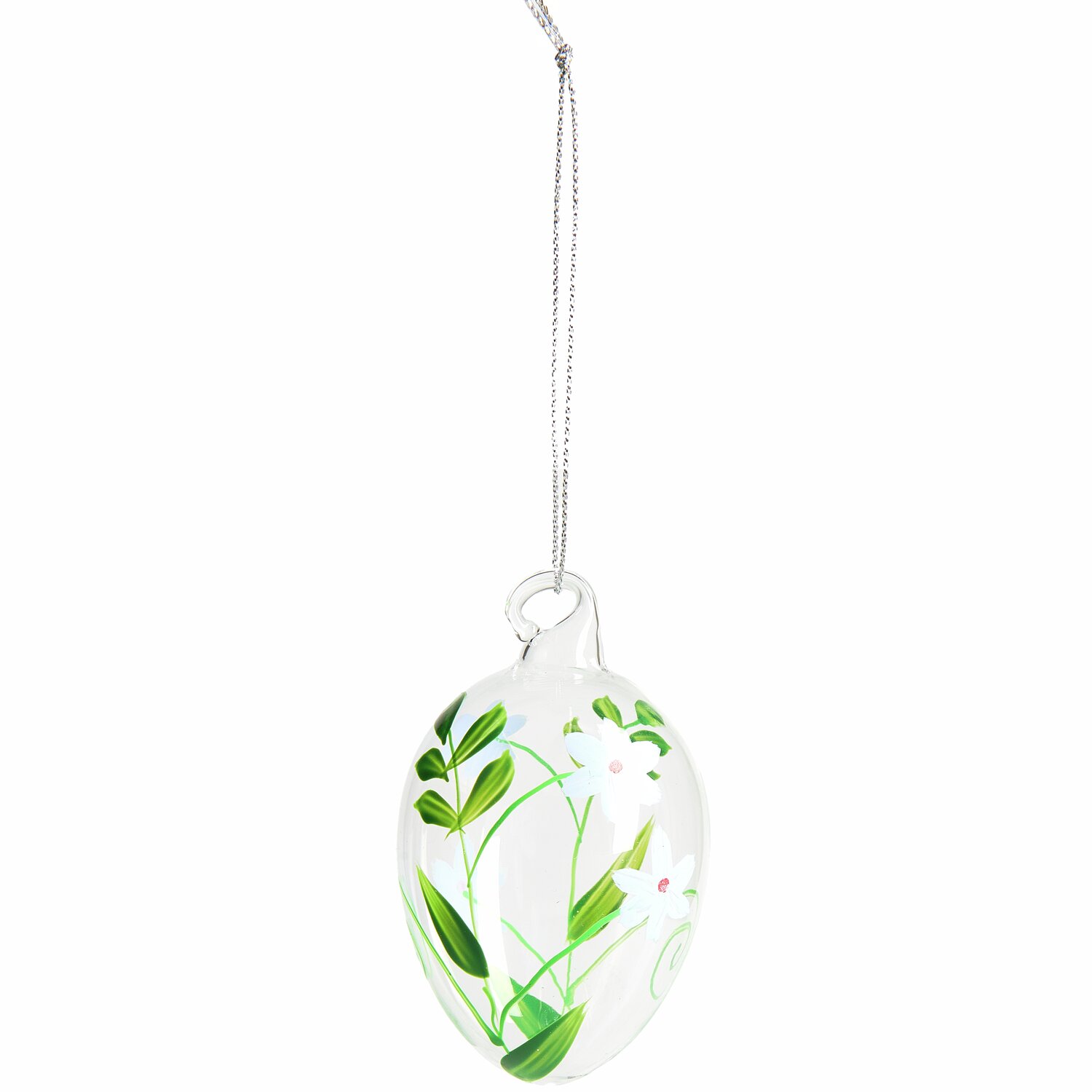 Glas Eier Blumenwiese handbemalt 4 Stück: Weißes Ei mit grünen Blättern und Blumenmotiv, dekorativ.