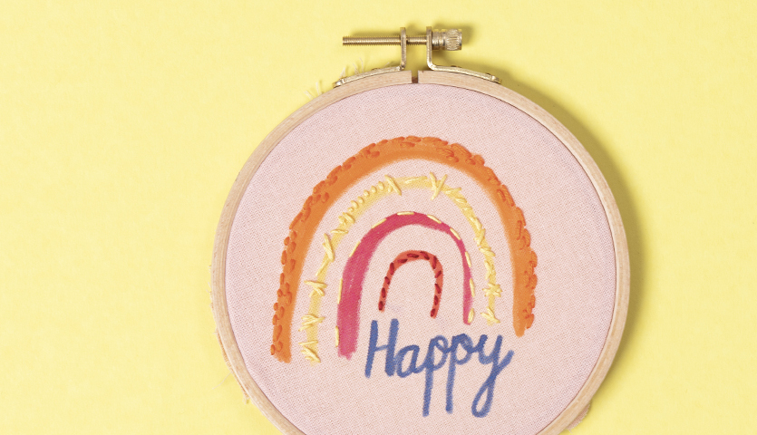 Bastelanleitung Regenbogen Wandbild: Stickrahmen mit buntem Regenbogen und dem Wort "Happy" auf gelbem Hintergrund.