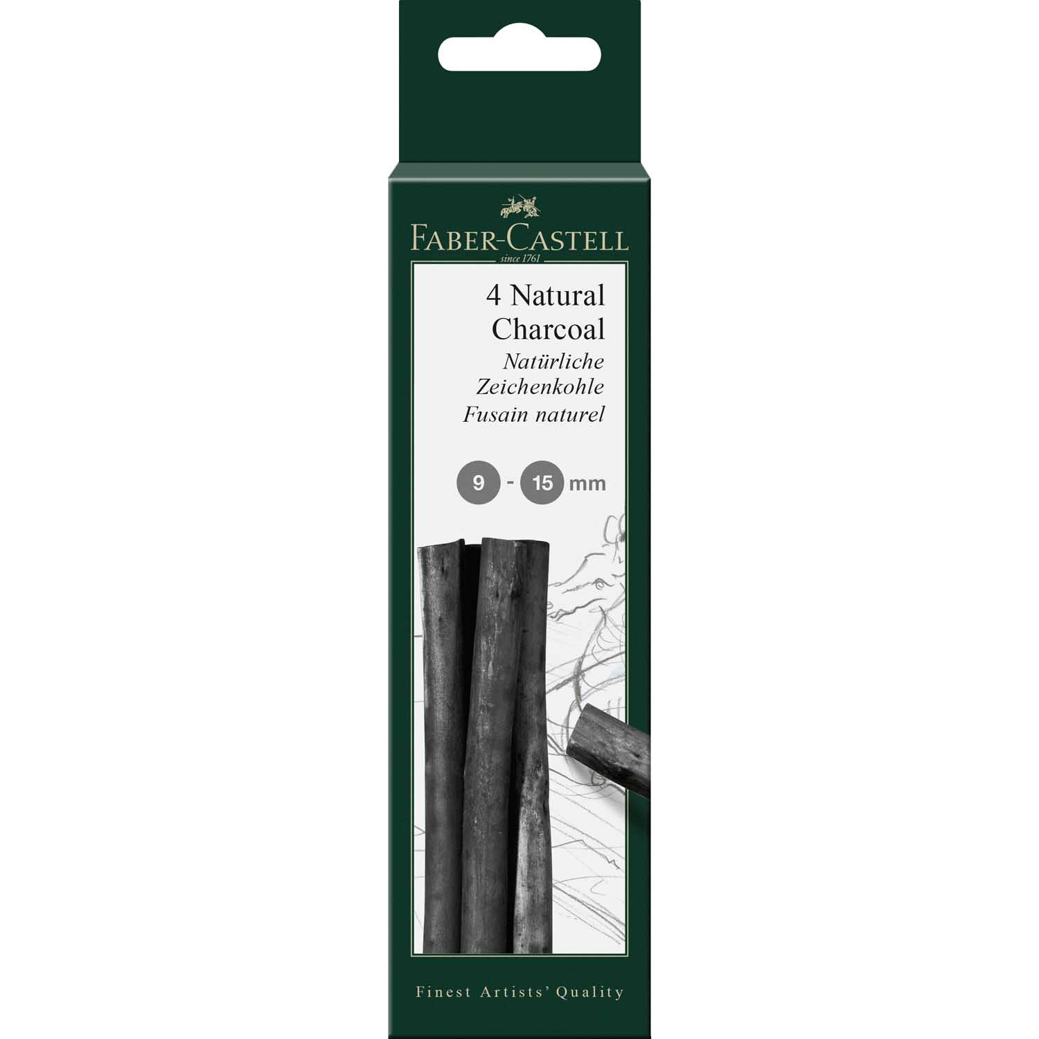 Natürliche Zeichenkohle Pitt 9-15mm 28g von Faber Castell in schwarzer Verpackung mit Kohleabbildung. Ideal für Künstler.