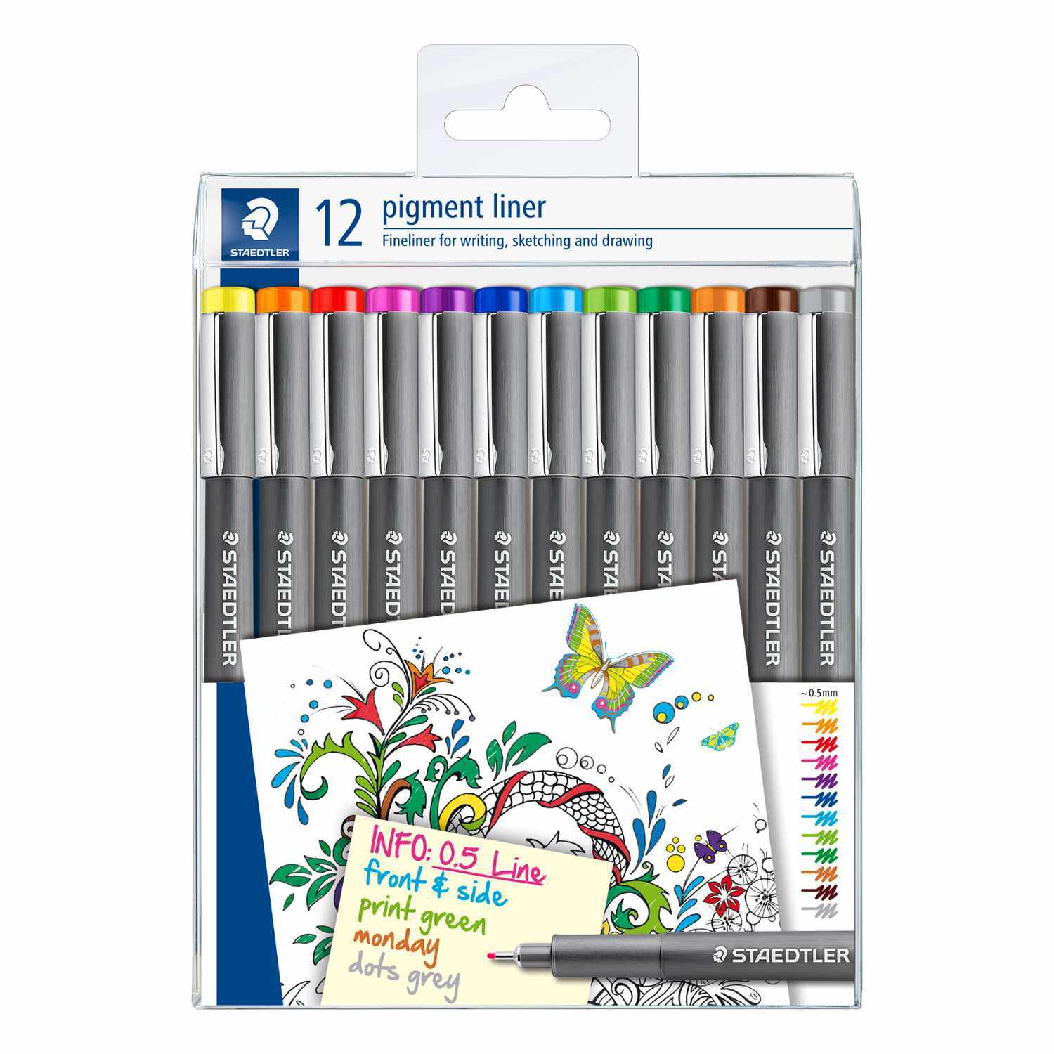 Pigment Liner 308 Fineliner 12 Stück von Staedtler in verschiedenen Farben, ideal zum Zeichnen und Schreiben, mit kreativer Verpackung.
