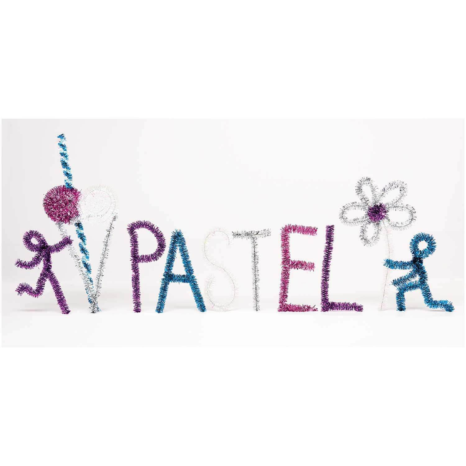 Chenilledraht-Mix 50cm 10 Stück: Bunte Figuren und Schriftzug aus Glitter Pastell, ideal für kreative Bastelprojekte.