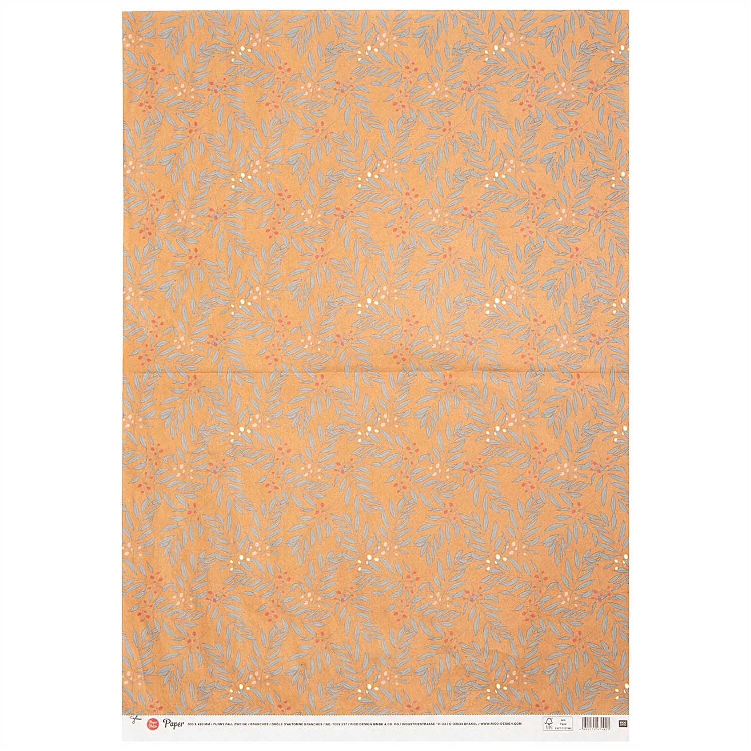 Paper Patch Papier Zweige orange 30x42cm mit zarten Zweigen auf orangefarbenem Hintergrund von Rico Design. Ideal für kreative Projekte.