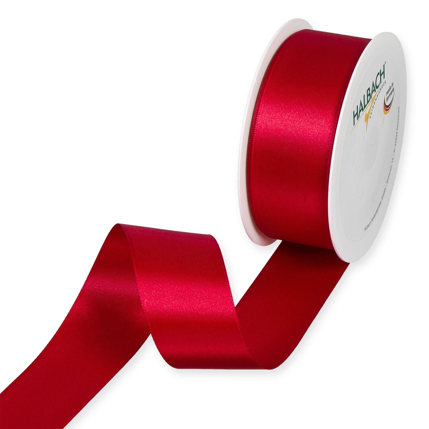 Satinband, 40mm 4m, in leuchtendem Rot von Halbach, auf einer Rolle präsentiert. Ideal für Dekorationen.