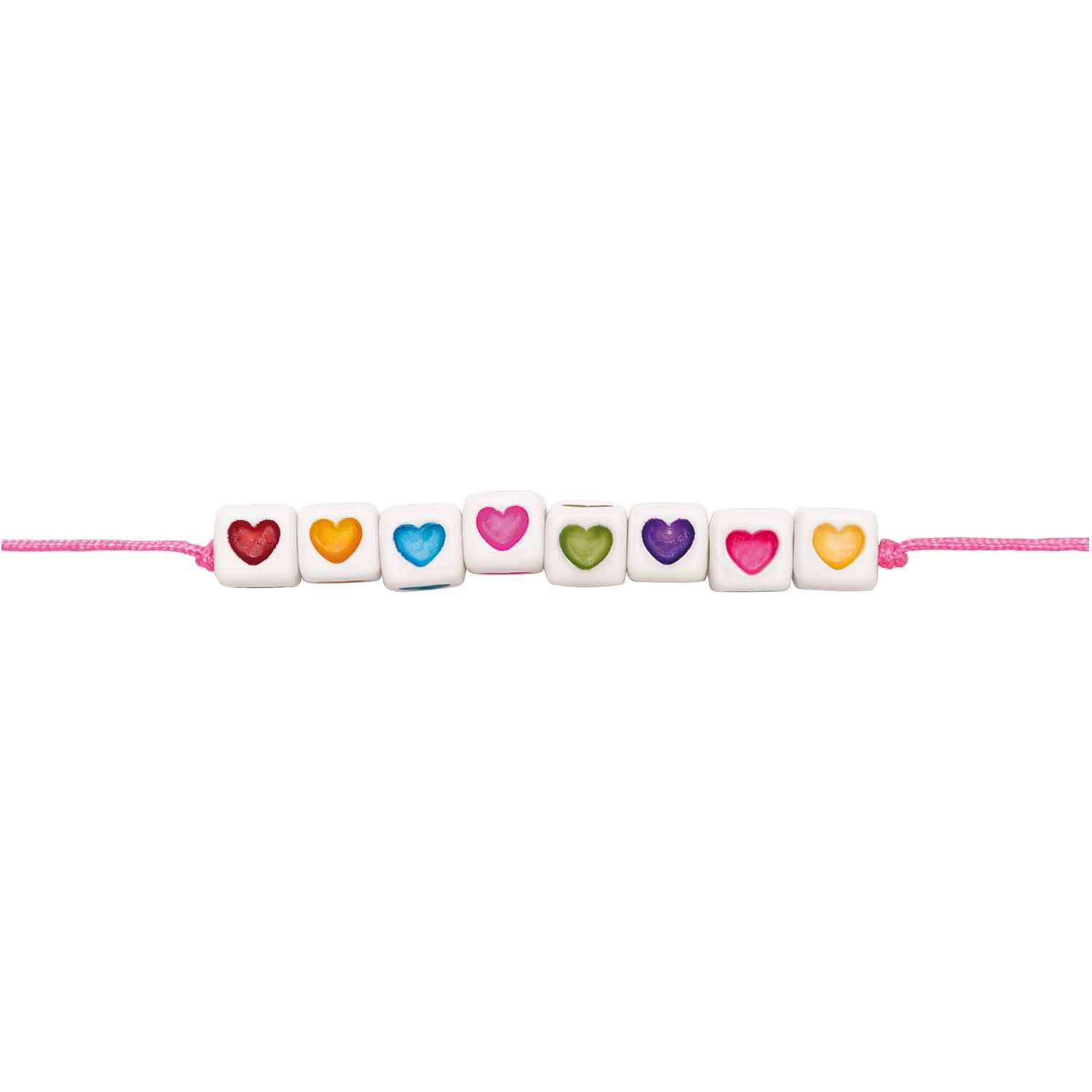 Perlen Herz-Mix Würfel in Weiß mit bunten Herzen, aufgereiht auf einem rosa Band. Marke: Rico Design.