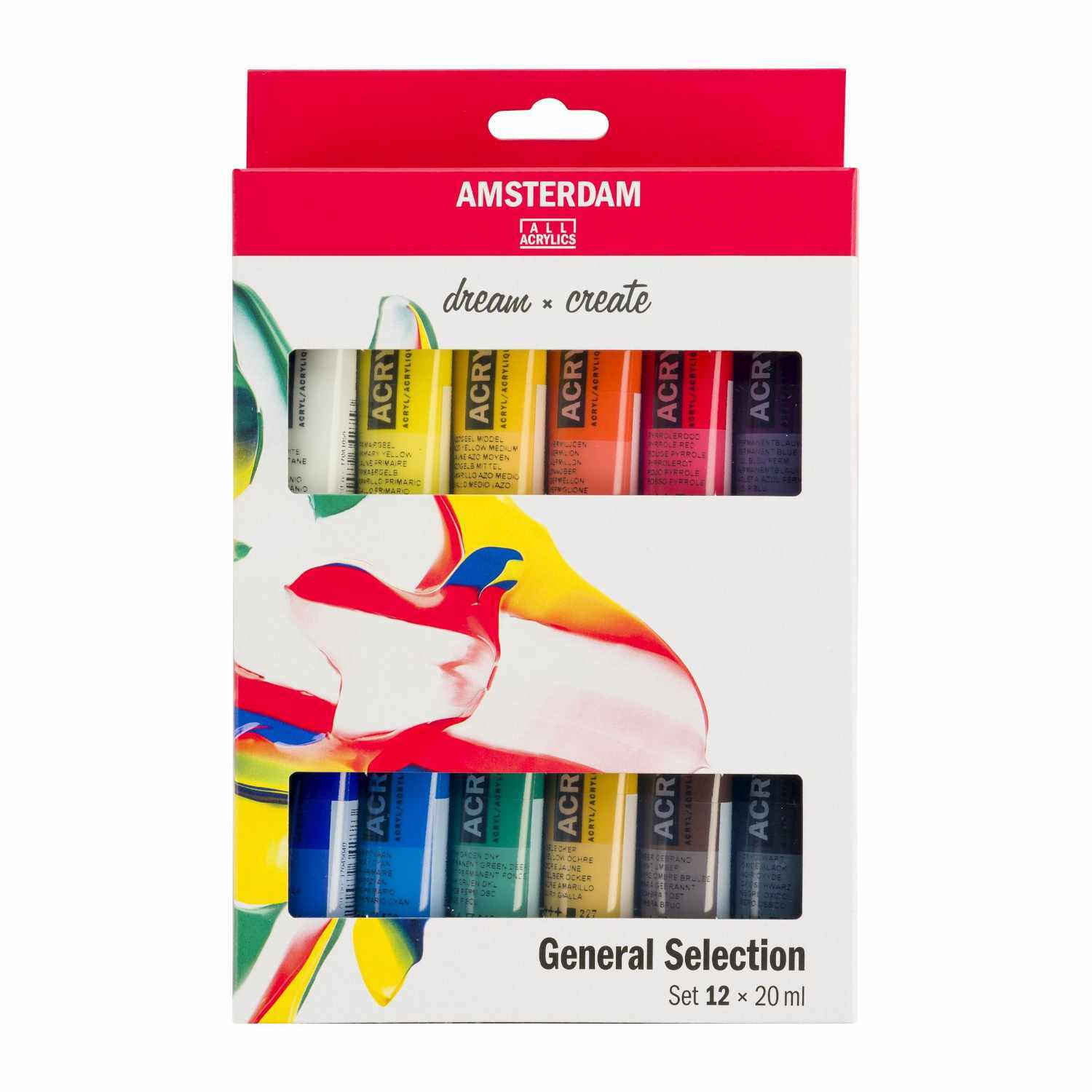Acrylfarbe Set 12x20ml von AMSTERDAM, zeigt eine bunte Auswahl an Farben in einer dekorativen Verpackung.