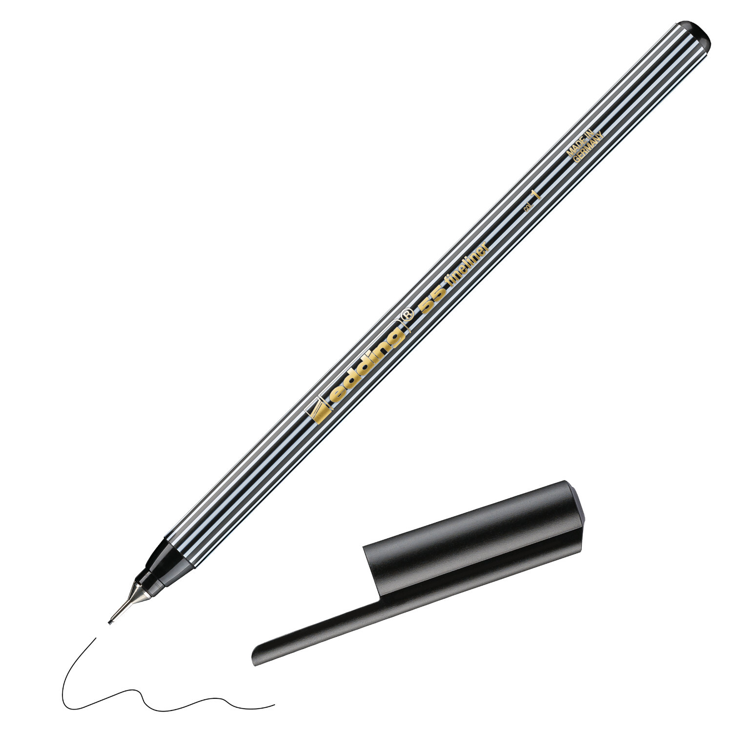 55 finepen schwarz 0,3mm, edding. Feiner schwarzer Stift mit abnehmbarer Kappe, ideal für präzises Schreiben.