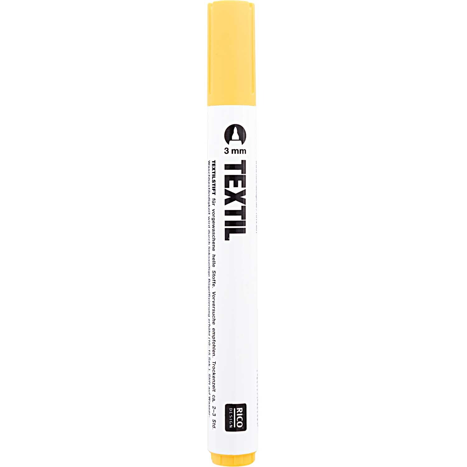 Textilmarker helle Stoffe: Gelber Stift von Rico Design mit 3mm Spitze, ideal für kreative Designs auf hellen Textilien.