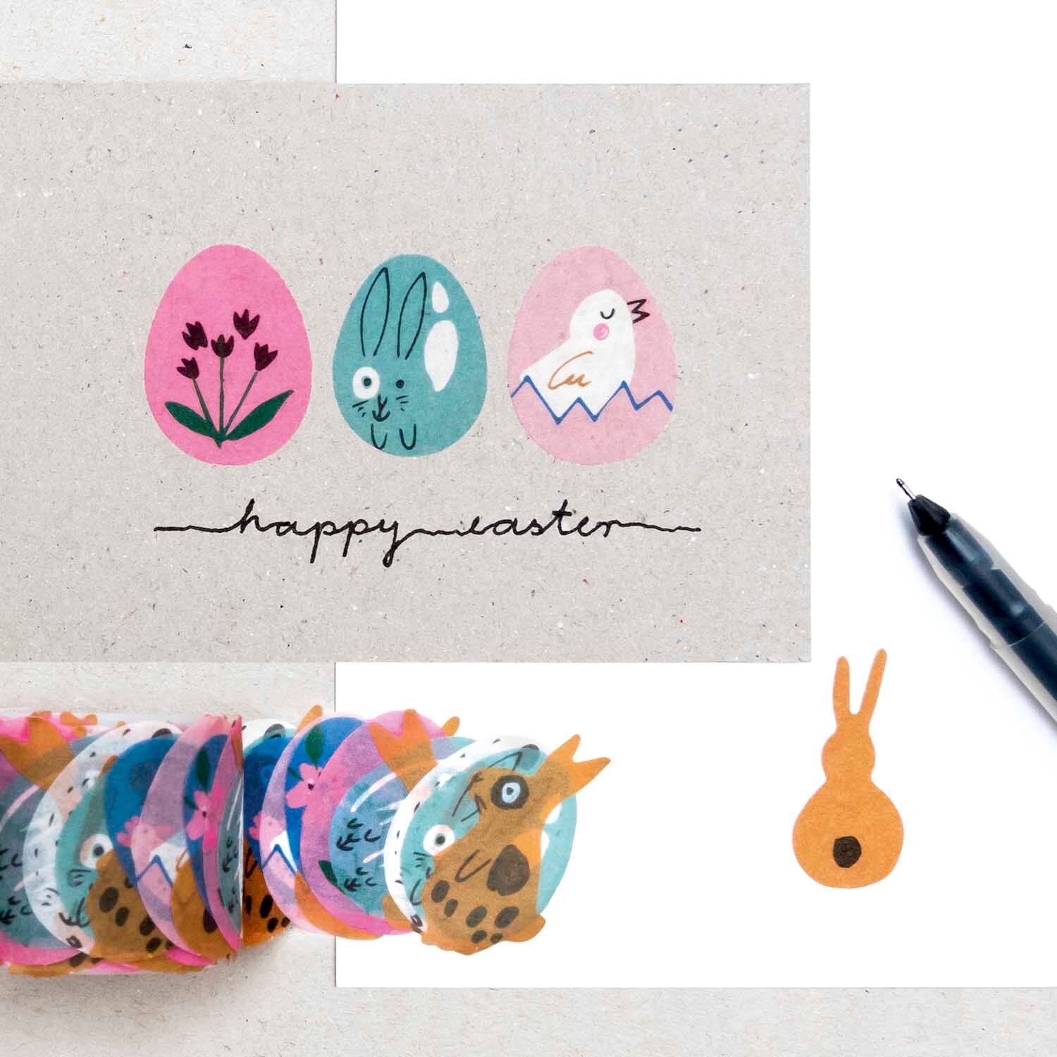 Washi Sticker Hase & Eier 200 Stück von Rico Design mit bunten Ostereiern und Hasenmotiven auf einer Karte.