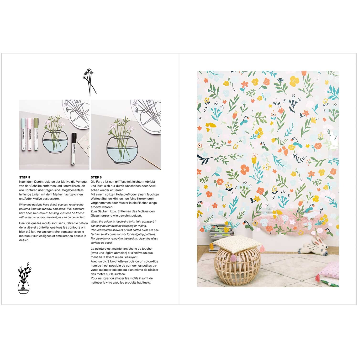 Vorlagenmappe Hello Flowers: Bunte Blumenmuster auf Glas mit Kreidestiften von Rico Design, ideal für kreative Fensterdekorationen.