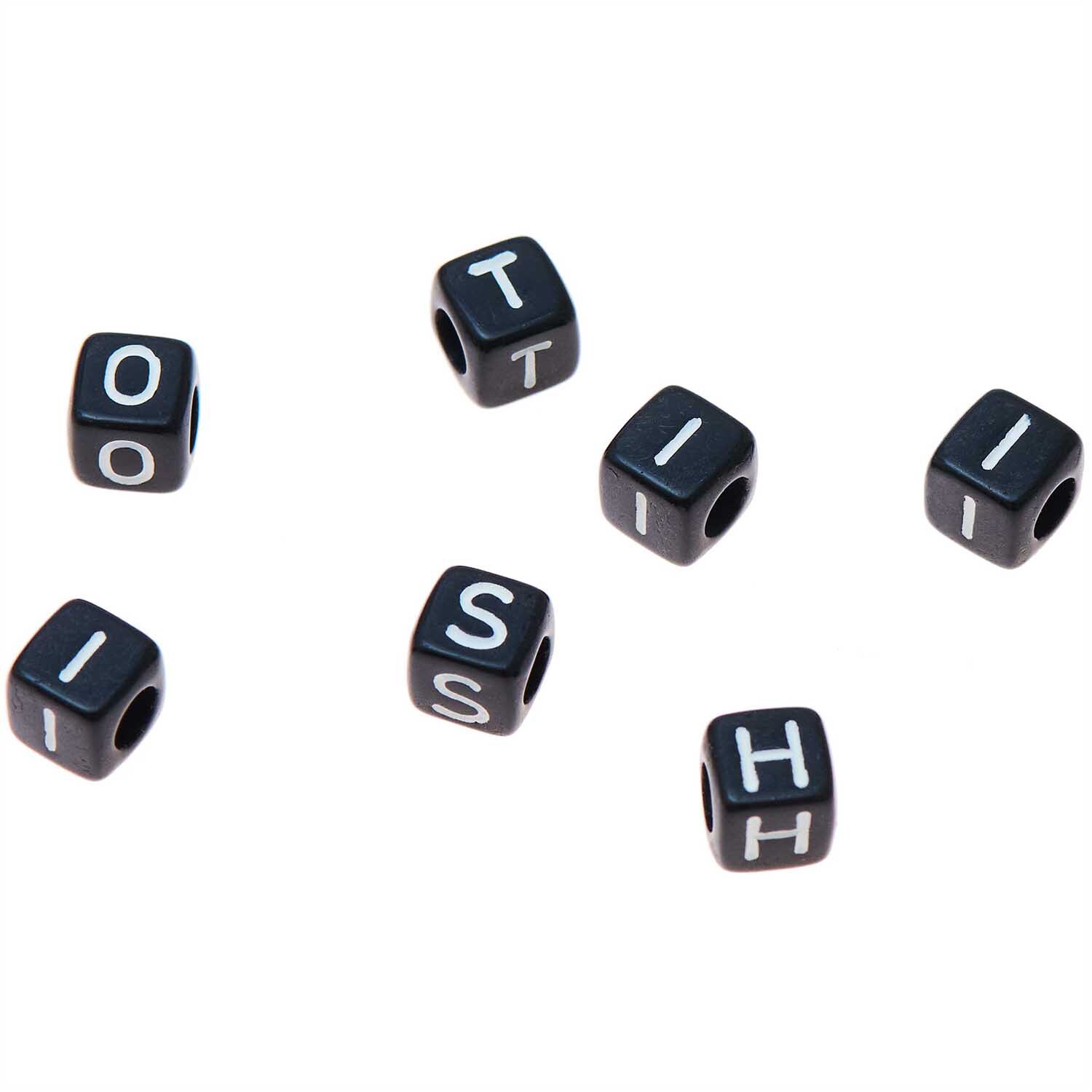 itoshii Buchstaben Mix Würfel in Schwarz, 6x6x6mm, 99 Stück, zeigen weiße Buchstaben auf schwarzen Würfeln. Ideal für kreative Projekte.
