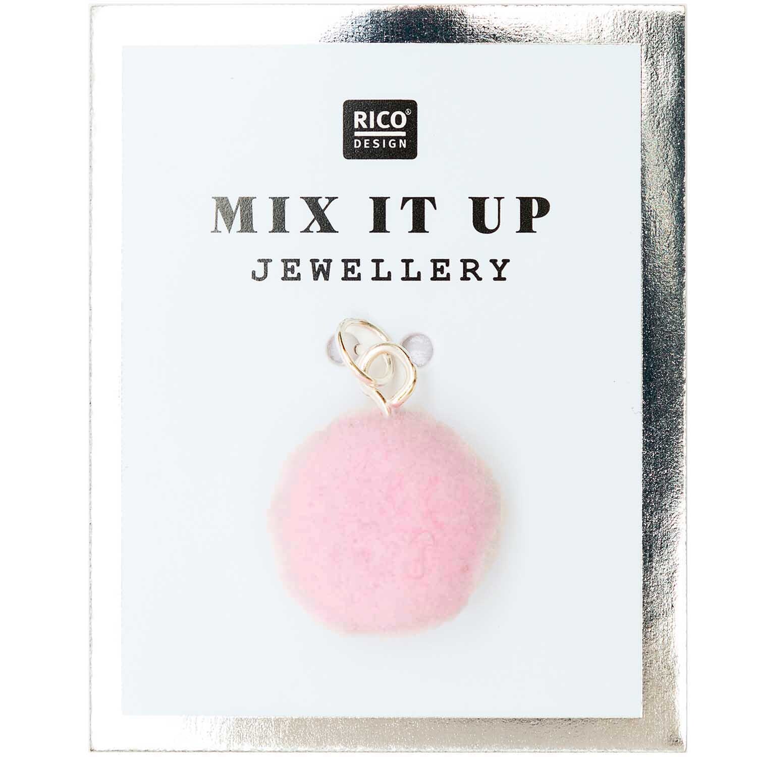 Mix it Up - Jewellery Mini-Pompon 12mm in Silber-Rosa von Rico Design, präsentiert auf einer stilvollen Karte.
