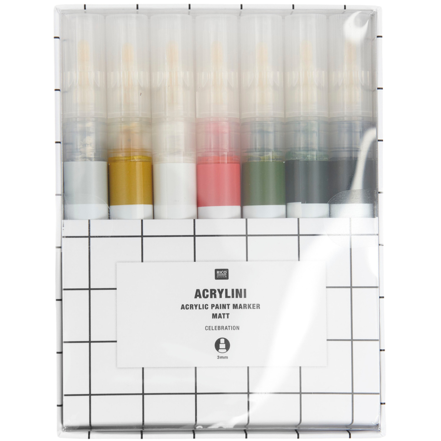 Acrylini Marker Set Celebration mit 7 Farben, inklusive 2 Metallic-Tönen, von Rico Design.