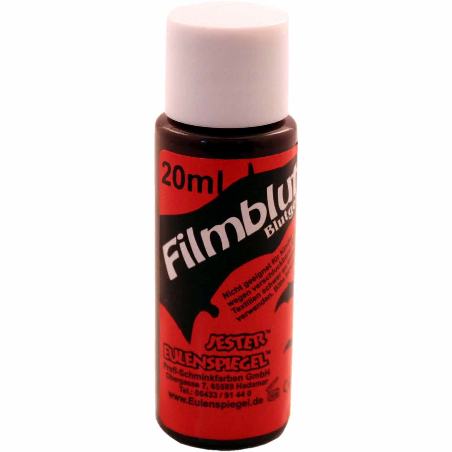 Filmblut dunkelrot von Eulenspiegel: Eine 20ml Flasche mit dunkelrotem Kunstblut für realistische Effekte. Ideal für Theater und Film.