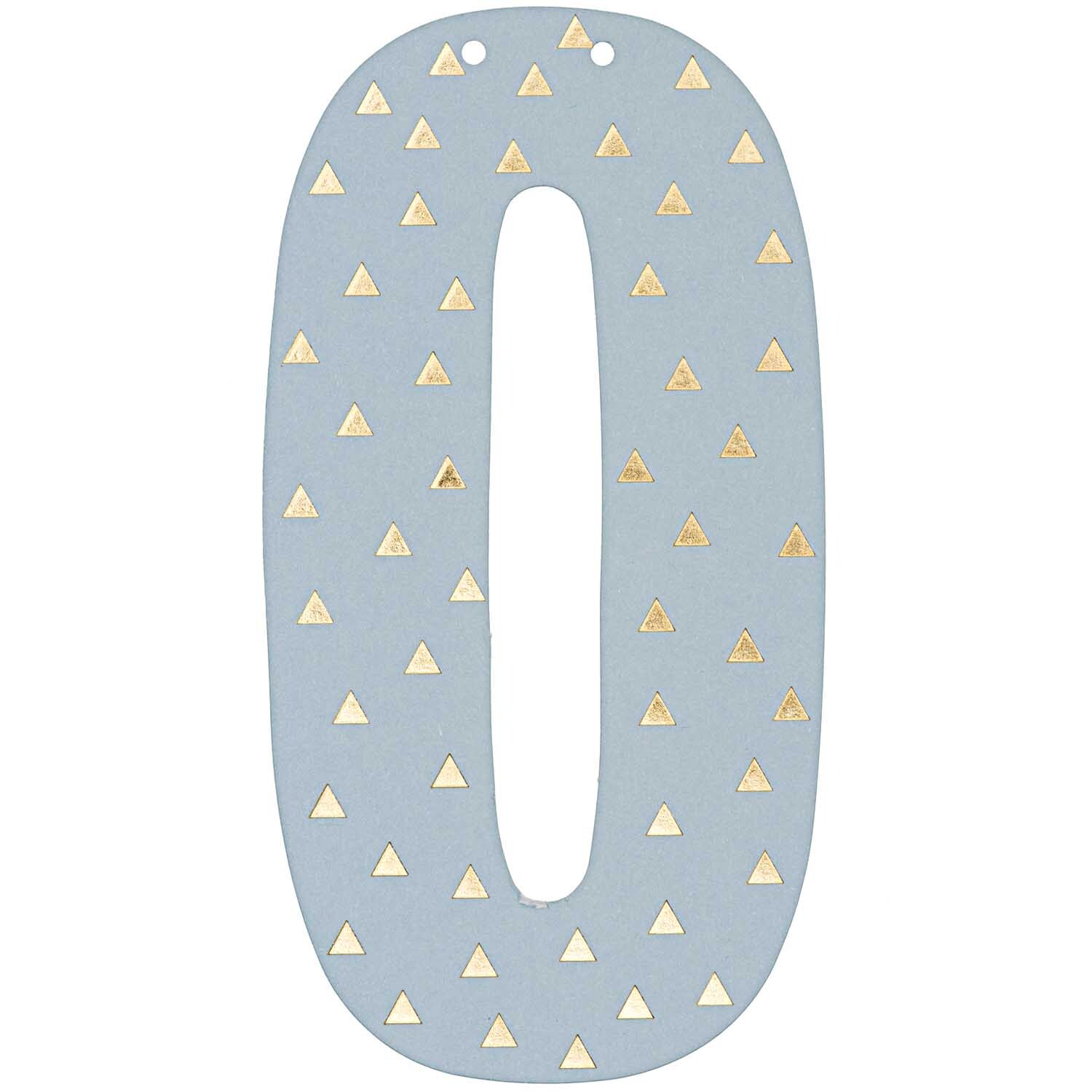 Zahl für Girlande 14cm von Rico Design: Hellblaue Zahl mit goldenen Dreiecken verziert.