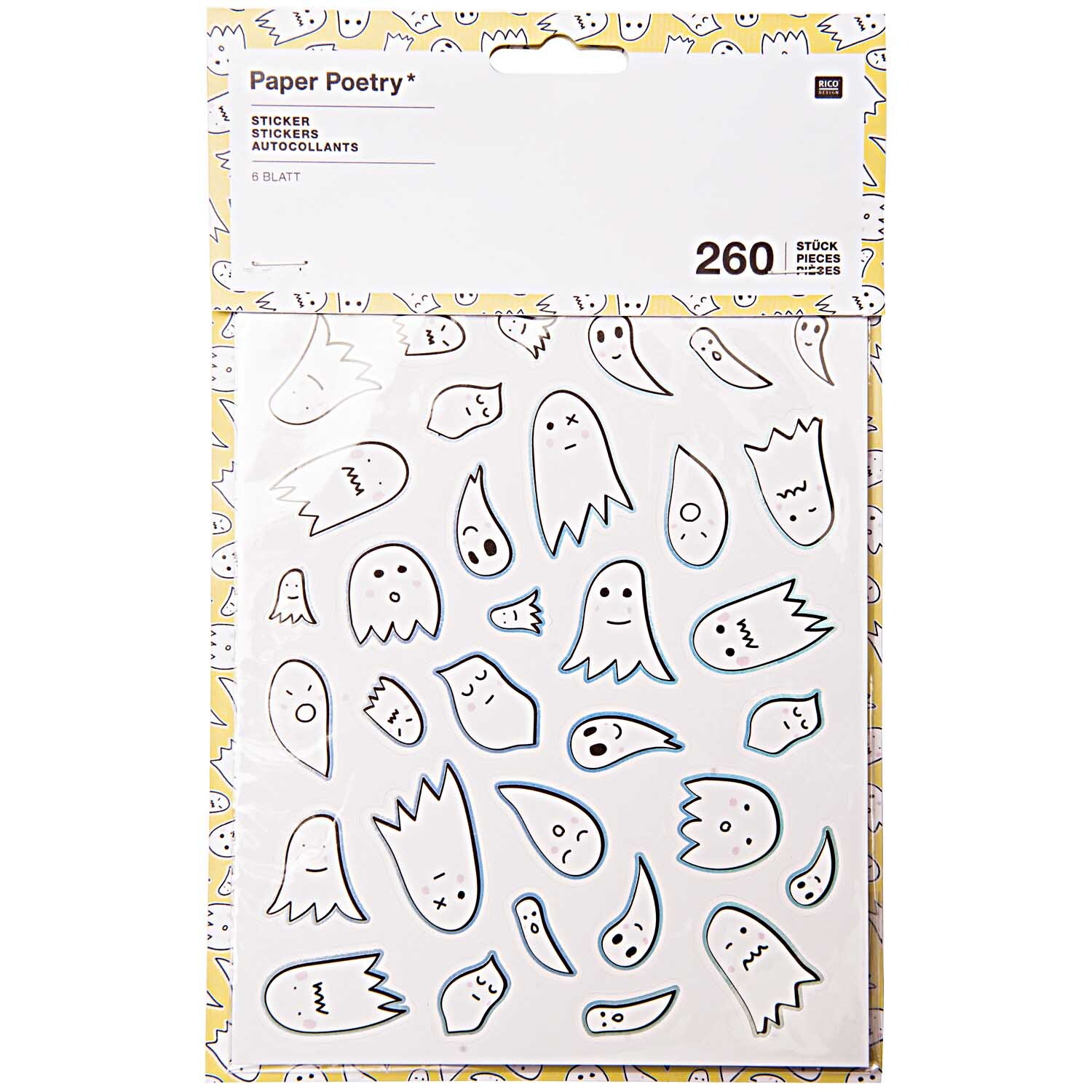 Paper Poetry Sticker Halloween 260 Stück zeigt bunte Geistersticker von Rico Design auf weißem Hintergrund.
