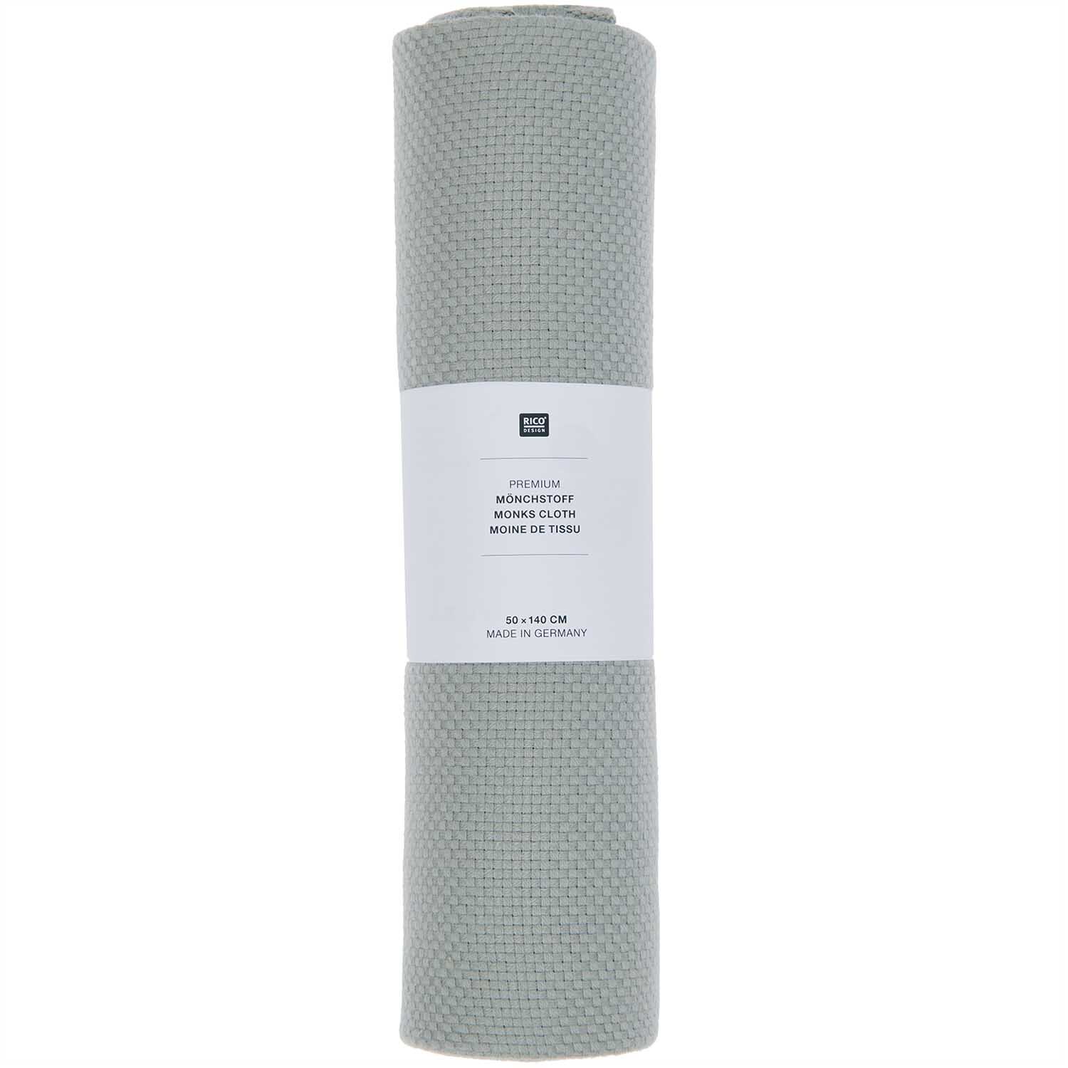Mönchstoff 4,6 Stiche/cm 50x140cm von Rico Design in Grau, zusammengerollt und etikettiert.