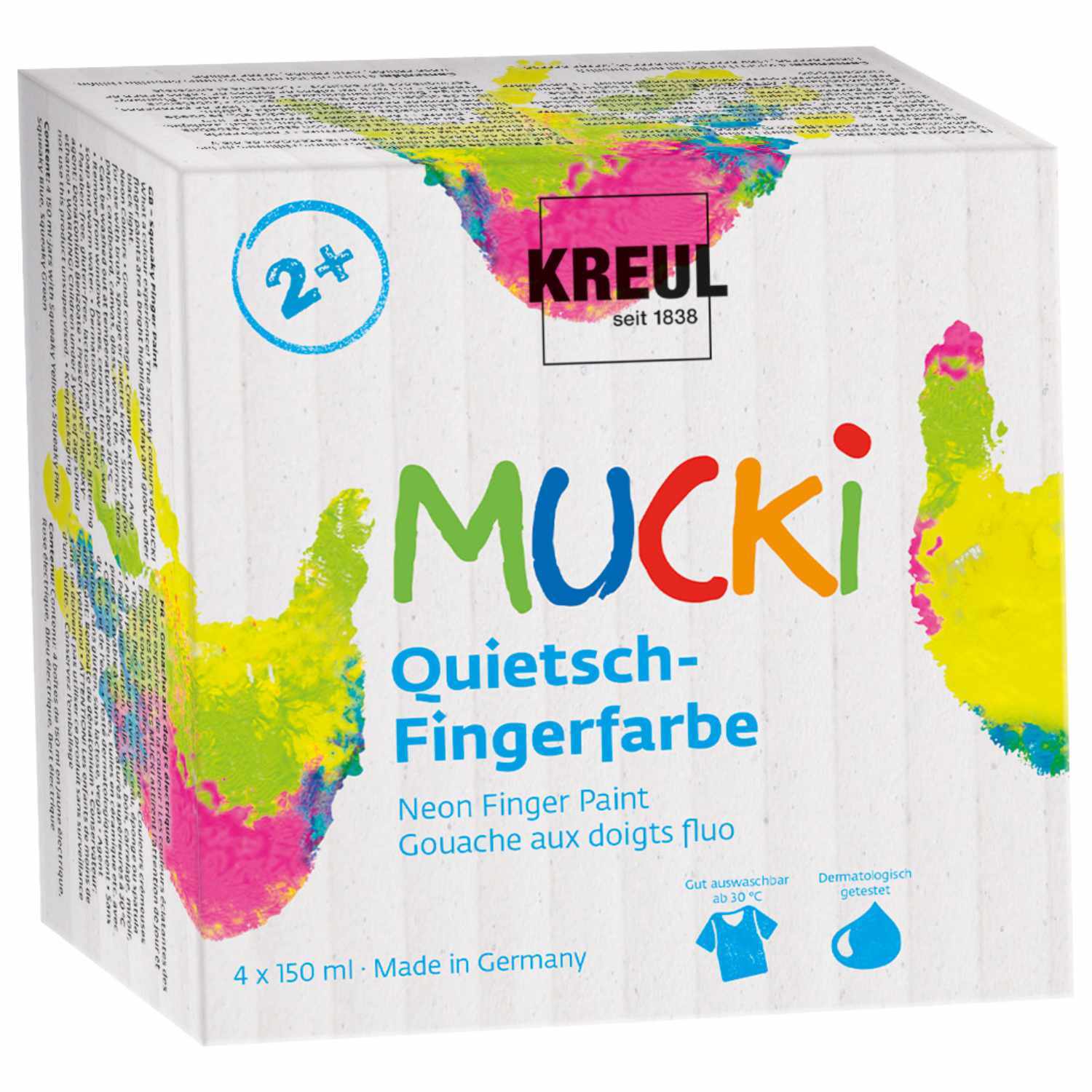 MUCKI Quietsch-Fingerfarbe von KREUL in leuchtenden Neonfarben, ideal für kreative Kinder ab 2 Jahren. Verpackung zeigt bunte Handabdrücke.