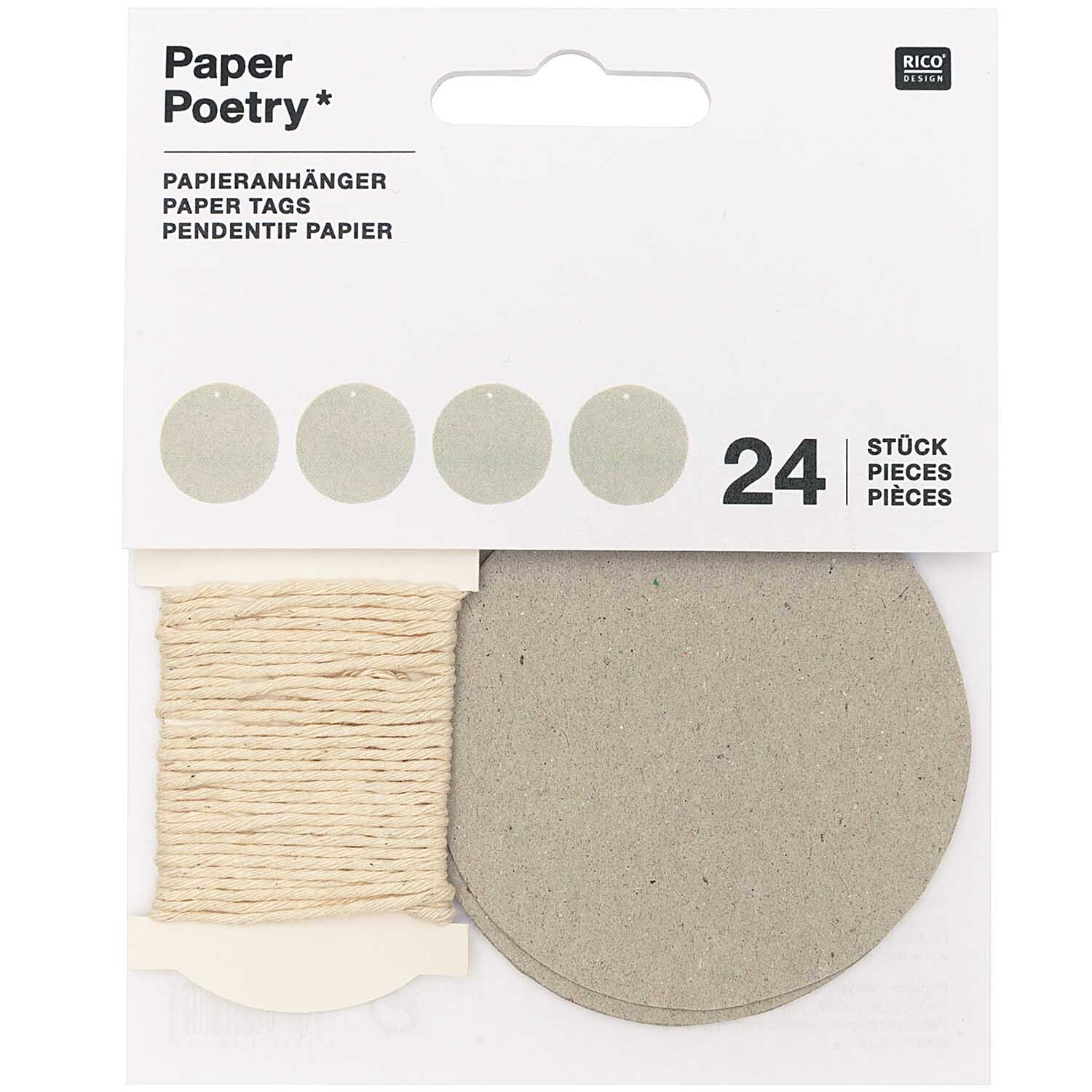 Paper Poetry Papieranhänger rund, 24 Stück aus Graukarton, ideal für kreative Bastelprojekte. Enthält runde Anhänger und Schnur von Rico Design.