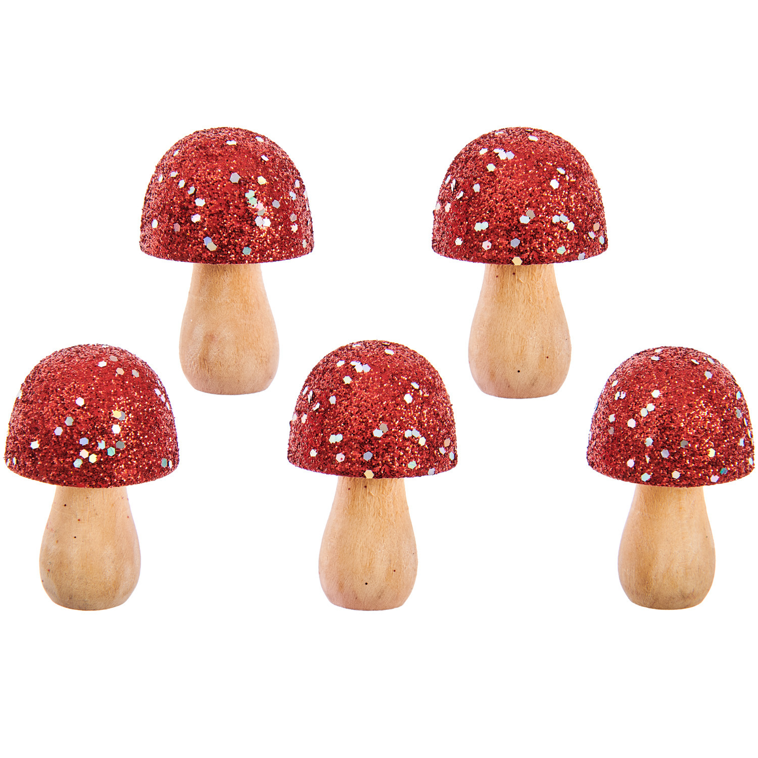 Kleine Holz Pilze Glitter/Irisierend, 5 Stück, 3,5x2,4cm. Rote, glitzernde Deko-Pilze von Rico Design auf weißem Hintergrund.