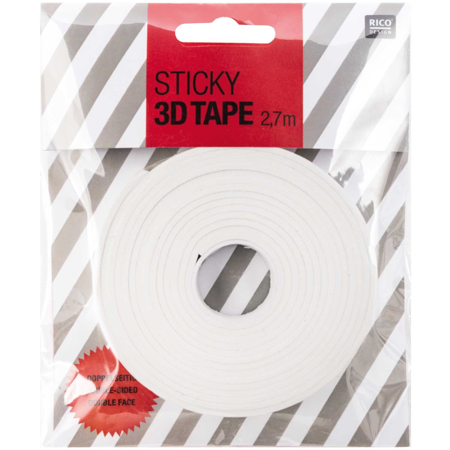 3D-Abstandsklebeband doppelseitig 10x2mm 2,7m von Rico Design in Weiß, verpackt in einer transparenten Hülle mit Streifenmuster.