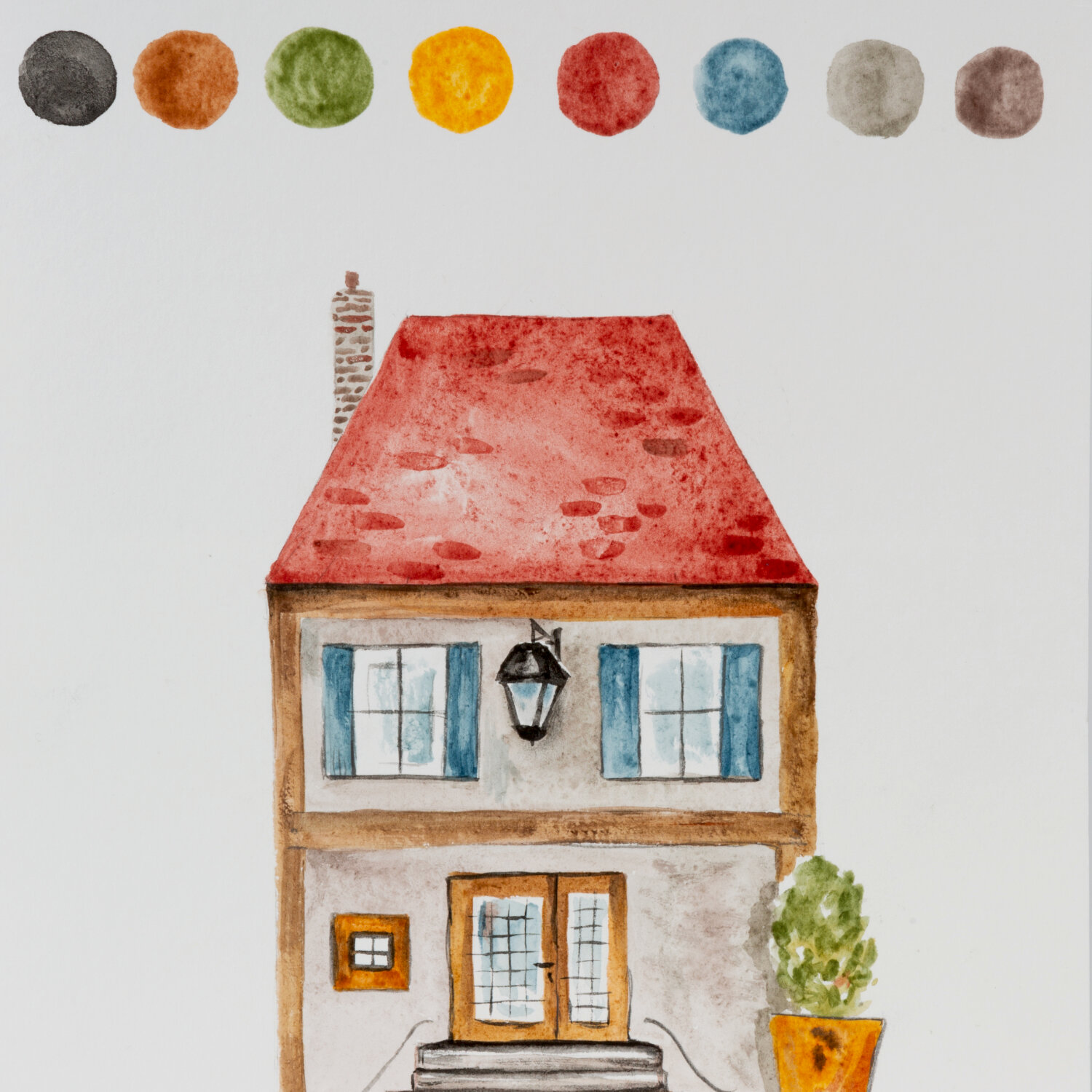 Horadam Naturals Aquarellfarben von Schmincke, 15ml. Bild zeigt ein gemaltes Haus mit rotem Dach und Farbproben oben.
