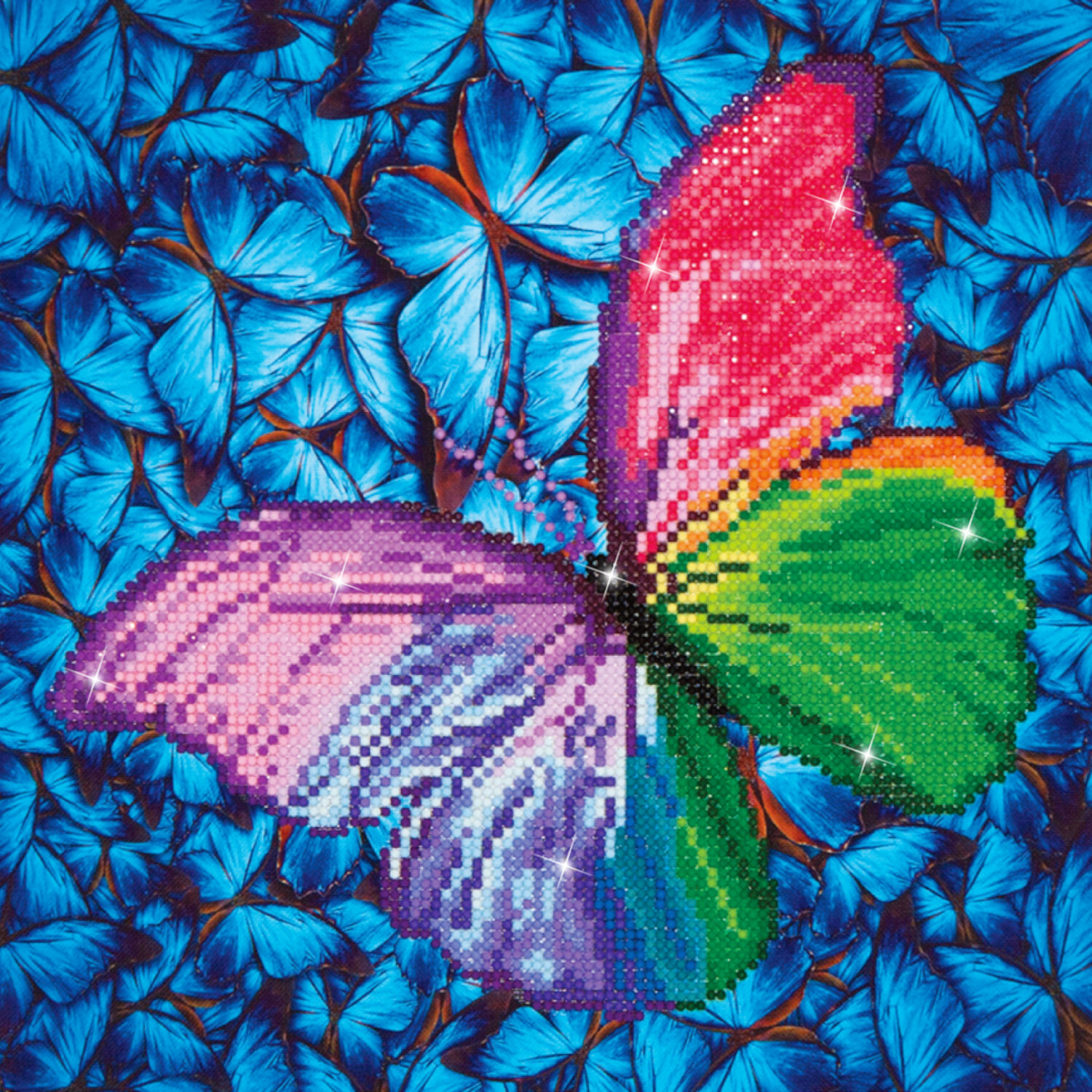 Diamond Painting Schmetterling: Ein bunter Schmetterling auf blauem Hintergrund aus leuchtenden Flügeln.