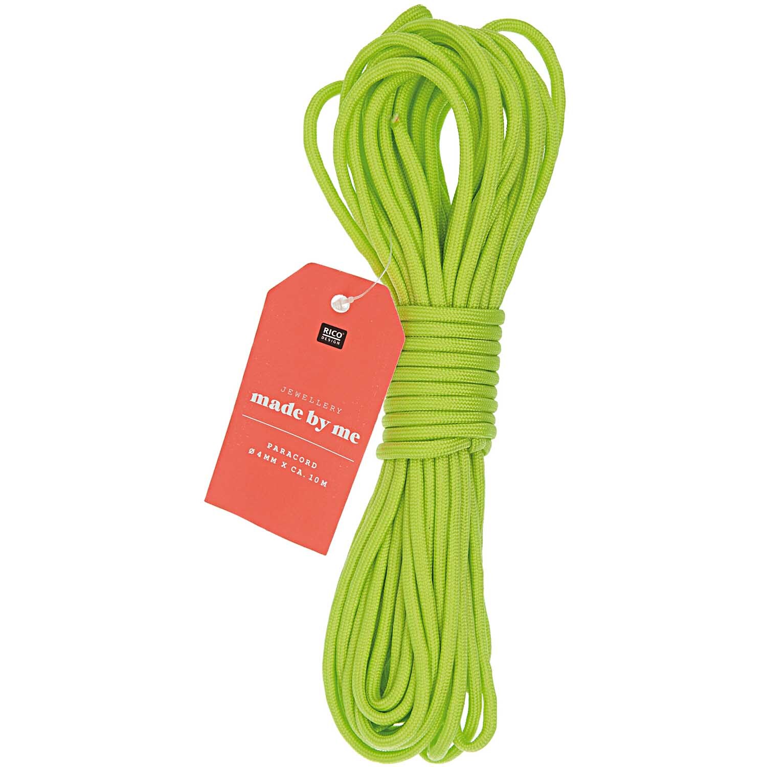 Paracord Band neongrün 4mm 10m von Rico Design, aufgerollt mit Etikett, ideal für Outdoor-Projekte.