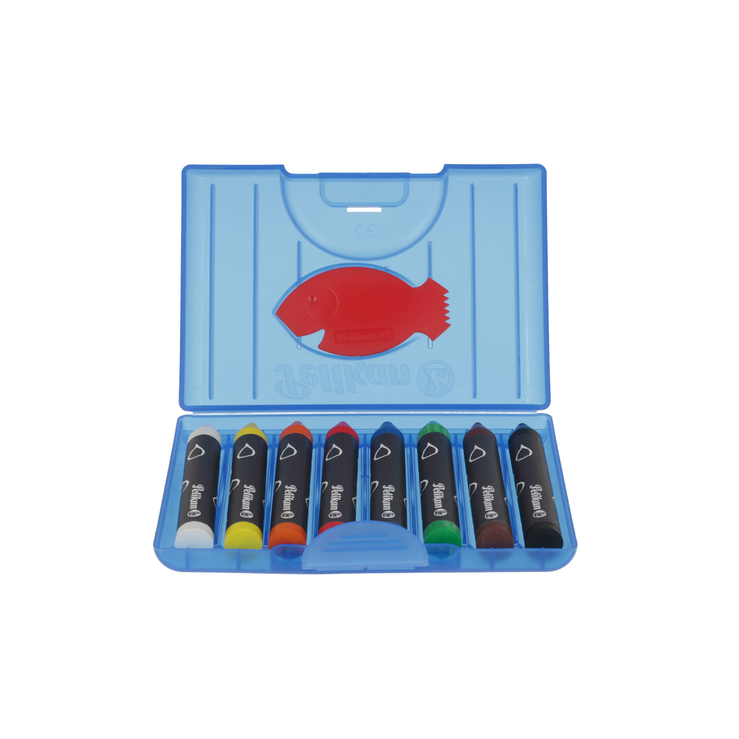 Wachsmaler rund mit blauem Etui von Pelikan, enthält bunte Stifte in einem Fisch-Design-Koffer.