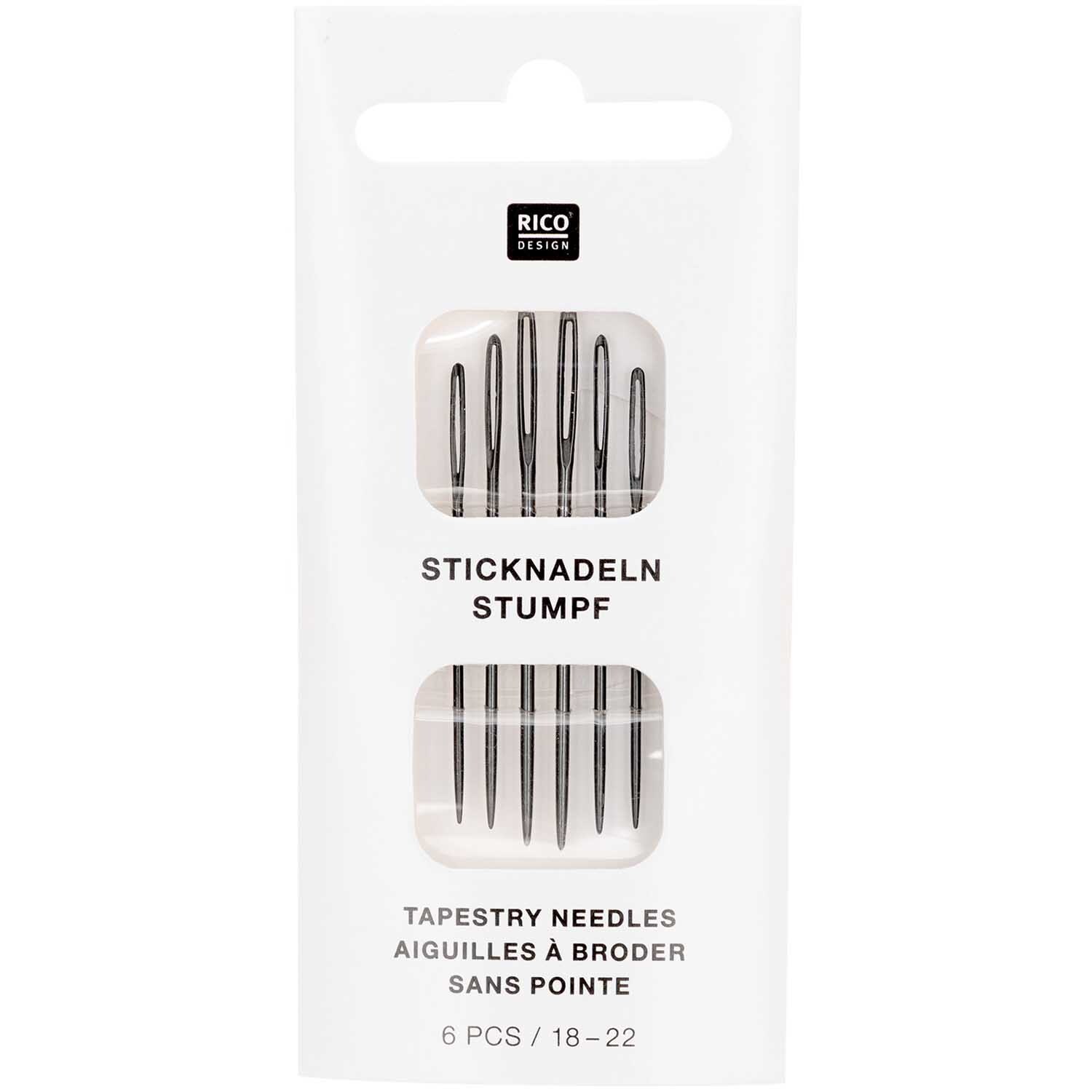 Sticknadeln stumpf 18-22 6 Stück von Rico Design in einer weißen Verpackung mit transparentem Fenster, das die Nadeln zeigt.