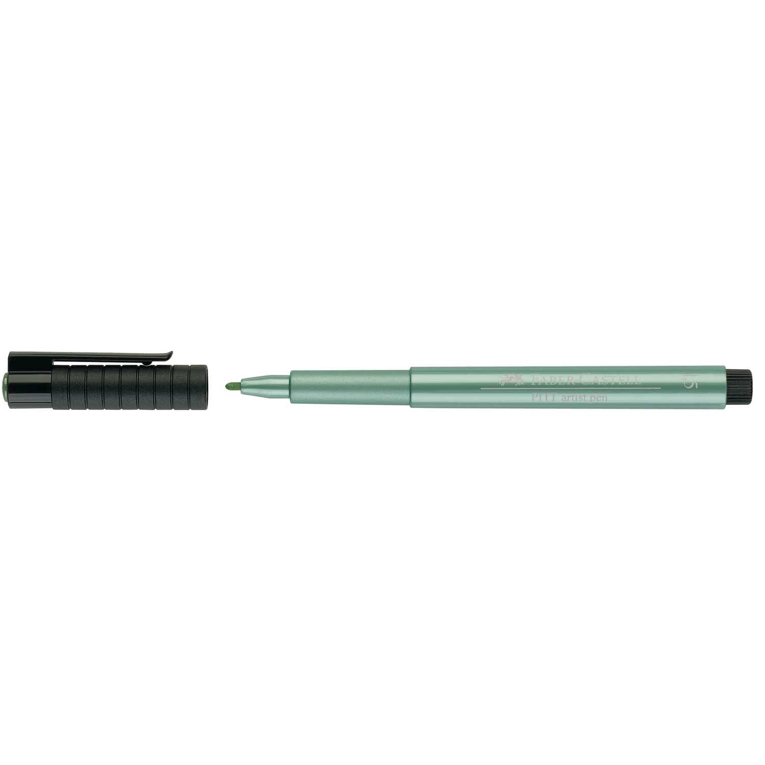 PITT artist pen 1,5mm von Faber Castell in Grün, geöffnet mit abgenommenem Deckel, auf weißem Hintergrund.