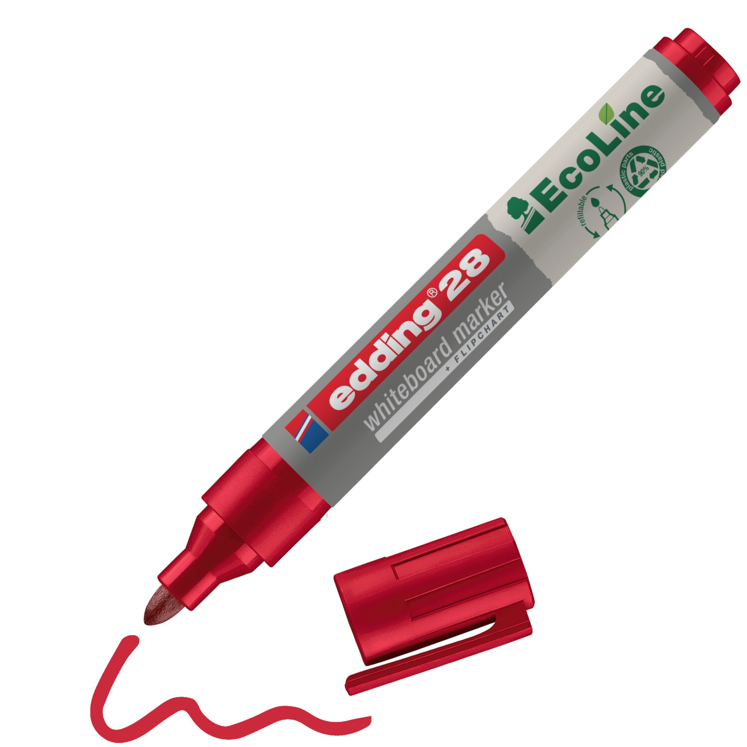 28 EcoLine Whiteboardmarker 1,5-3mm in Rot von edding, mit abnehmbarer Kappe und gezeichneter Linie. Ideal für Whiteboards.