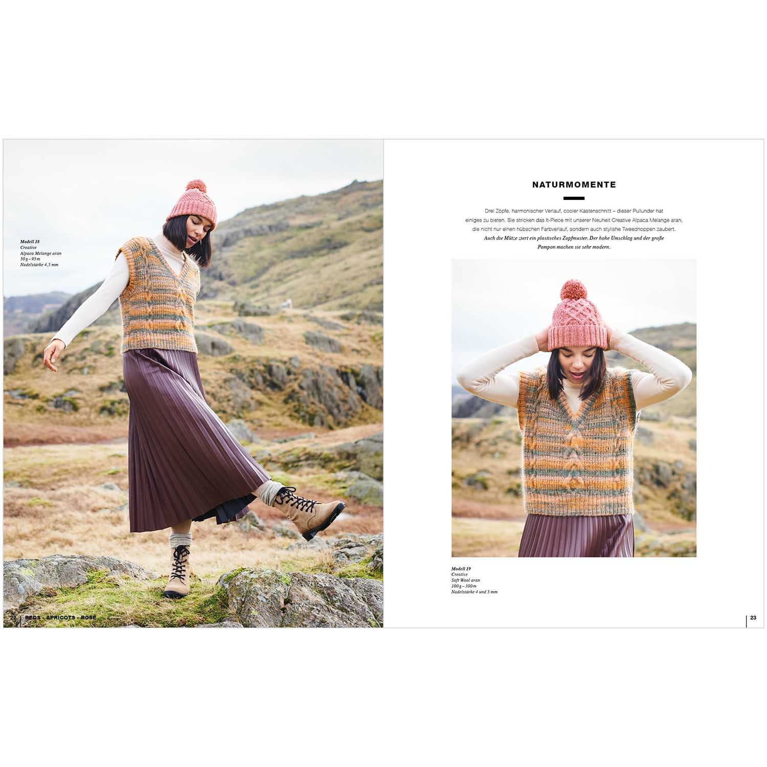 Lovewool Nr.15 Handstrickmagazin Herbst-Winter zeigt eine Frau in herbstlicher Landschaft mit gestricktem Oberteil und rosa Mütze.
