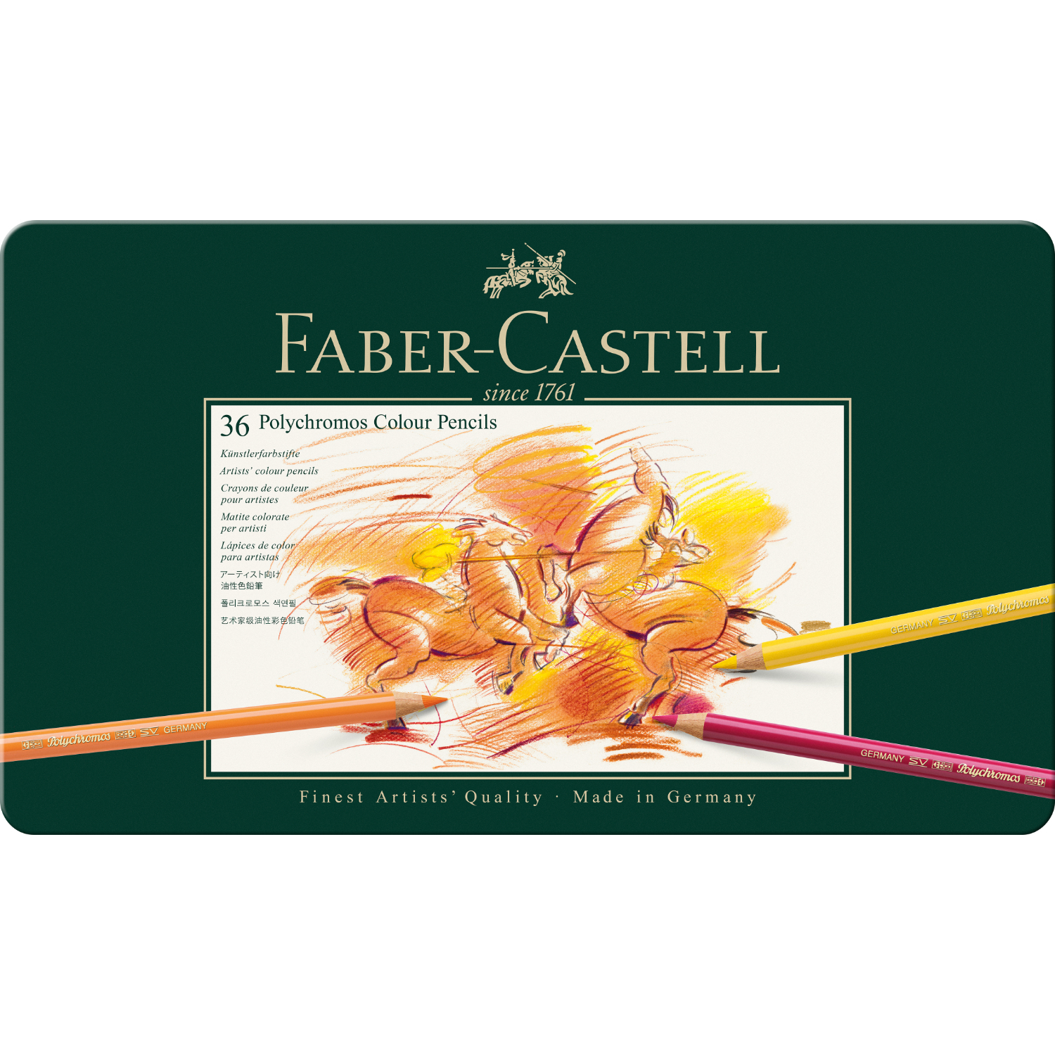 Polychromos Farbstifte Metalletui, 36-teilig, von Faber Castell. Abgebildet sind bunte Stifte und eine Zeichnung auf der Verpackung.